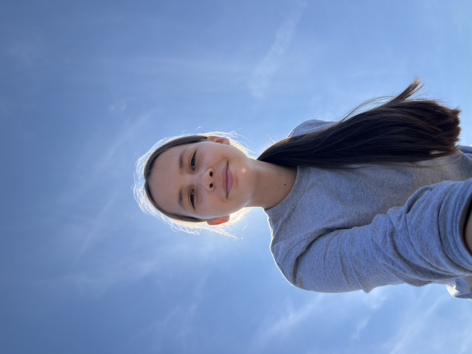 In Stepanovo, Russia, a young person is captured in a low-angle selfie against a bright blue sky with wispy clouds. The subject, with their hair pulled back in a ponytail, is wearing a grey long-sleeved shirt. The sun is positioned behind their head, creating a subtle halo effect and illuminating their hair and the edges of their face. The overall impression is one of outdoor activity under a clear sky.