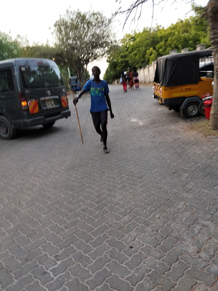 The scene depicts a paved road in Gombato Bongwe ward, Kenya, under diffused natural light, consistent with late afternoon or early evening. The road surface is constructed from grey interlocking concrete pavers laid in a herringbone pattern.
In the central foreground, a dark-skinned individual, wearing a blue short-sleeved t-shirt and dark trousers or shorts, is observed moving towards the viewer's left. This individual holds a long, slender, light-brown wooden stick in their right hand, angled downwards.
To the left, a dark-grey minivan, possibly a Toyota Hiace or similar, is partially visible from the rear, displaying illuminated red taillights and orange turn indicators. A Kenyan registration plate, partially obscured, is affixed to its rear.
To the right, a yellow motorized rickshaw (tuk-tuk) equipped with a black canvas canopy is positioned, displaying "3 PASS" on its side. A section of a red vehicle, possibly a motorcycle or scooter, is partially visible behind the tuk-tuk. Further down the road, on the right, a group of approximately three to five individuals are walking away from the viewer.
The environment is characterized by lush green foliage from trees lining both sides of the road. A light-colored wall runs along the right side of the road, behind the tuk-tuk and the pedestrians. The sky overhead is pale and hazy. A tree trunk is visible in the extreme right foreground.