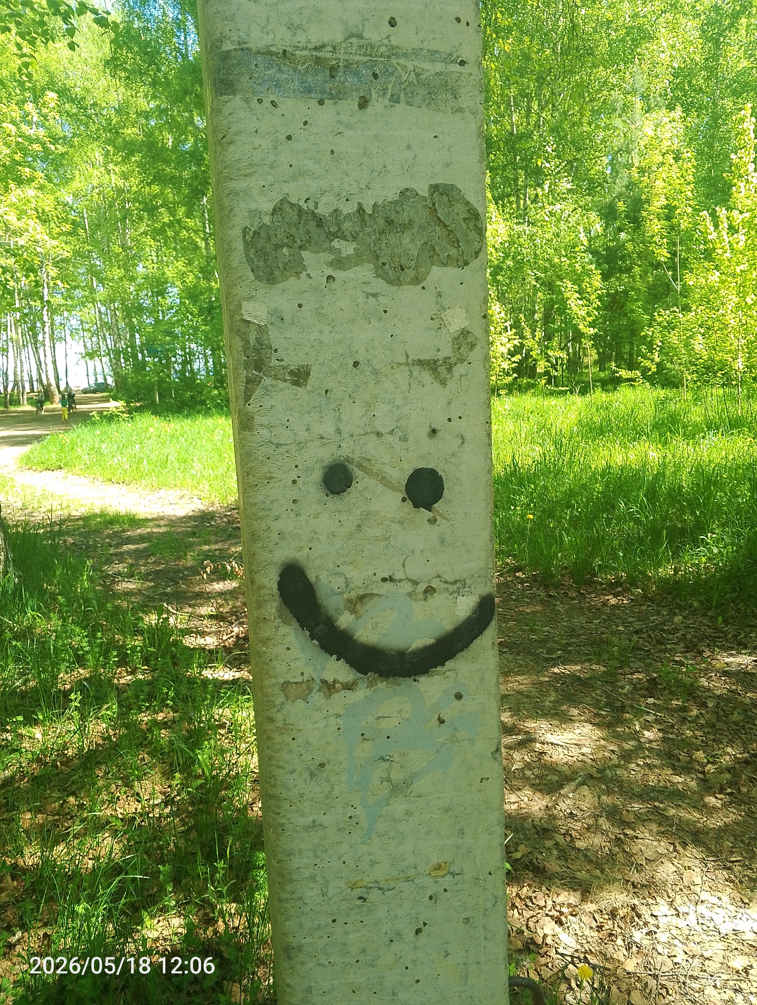 The image shows a concrete pole in a park in Chaikovsky, Russia, as suggested by the metadata. On the pole is a smiley face drawn in black. The park has green grass and trees, and a path can be seen in the background. The date and time stamp at the bottom left reads "2026/05/18 12:06."