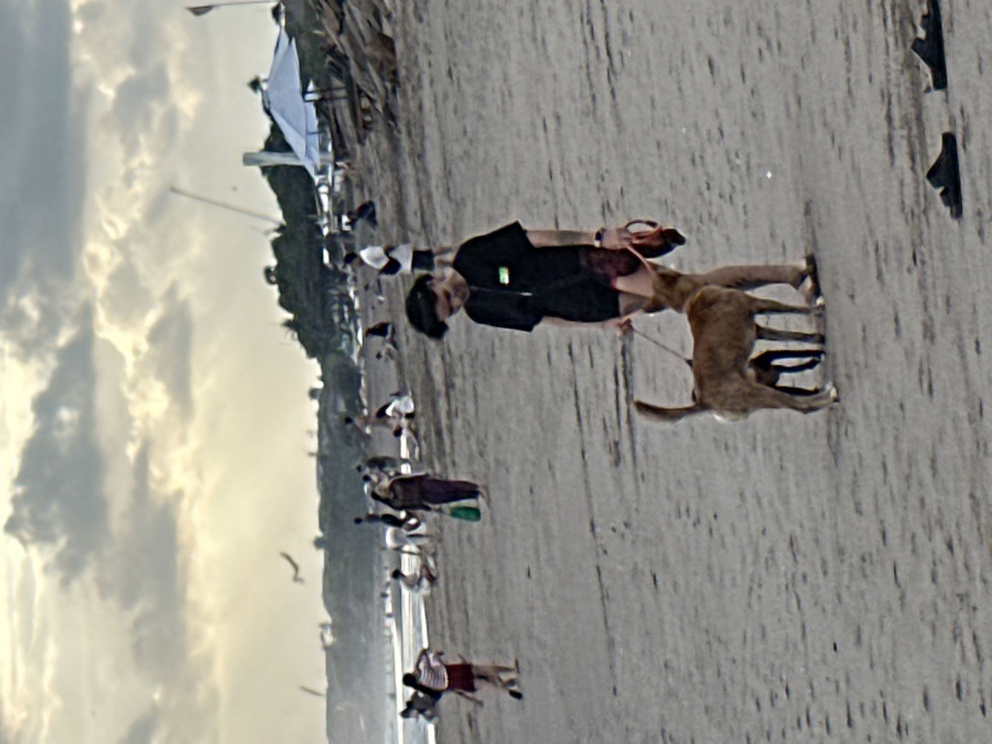 The image depicts a beach scene in North Kuta, Indonesia. In the foreground, a person is walking a dog on a leash. The person is wearing a black t-shirt and dark shorts, with a red bag slung over their shoulder. The dog is a medium-sized, light brown canine. In the background, other people are visible on the beach, some walking, others sitting. There are also some structures, including a white tent and trees, along the coastline. The sky is cloudy, and the overall lighting suggests it is either early morning or late afternoon. The sand is light in color and appears to have some footprints.