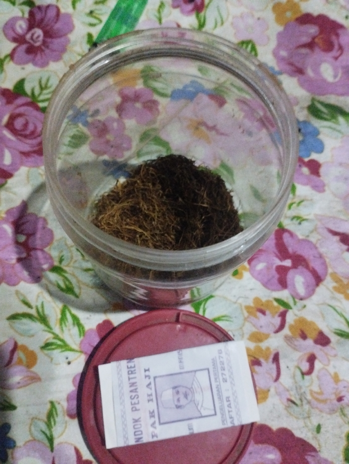 The image captures an overhead view of a clear plastic container holding a mound of loose, shredded brown material, likely tobacco. The container is placed on a floral-patterned tablecloth or fabric, featuring prominent purple, pink, and white blossoms with green leaves on a light background.
Beside the container, a red plastic lid rests, and on top of it, there is a small white rectangular packet. This packet displays text and an illustration. Clearly visible text reads "PONDOK PESANTREN" (Islamic boarding school) and "PAK HAJI" (Mr. Haji), alongside an illustration of a man wearing a traditional cap (kopiah/peci) and what appears to be a sarong. Further, smaller text on the packet includes "PENDAFTARAN PERTAMA" (First Registration) and a number "27227B", suggesting it might be a sugar packet or a similar item from an establishment related to an Islamic boarding school.
A green object, possibly a pen or a straw, is partially visible in the upper left background, resting on the floral fabric. The scene is a still life, presenting these objects on what appears to be an indoor surface, possibly a table, in Kecamatan Arjasa, Indonesia. No specific activity is depicted, but the arrangement suggests items for personal use or consumption. The time of day and weather are not discernible.