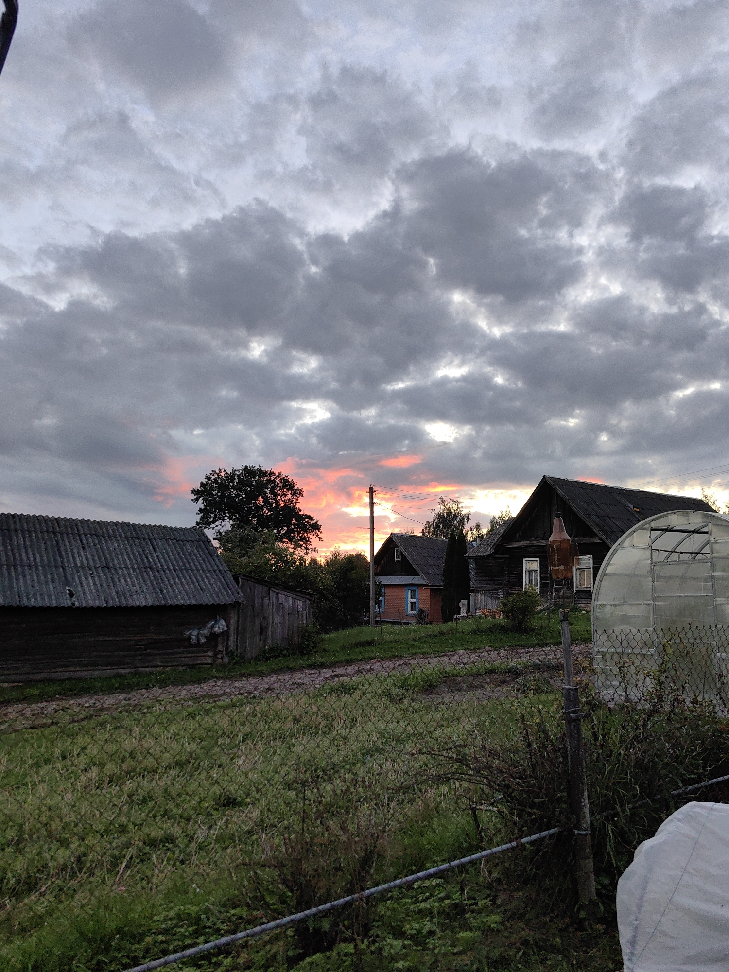 The image depicts a rural landscape at dusk, with a dramatic sky filled with dark, dramatic clouds tinged with pink and orange from the setting sun. In the foreground, there is a chain-link fence and overgrown green vegetation. To the left, a weathered, dark wooden shed with a corrugated roof stands prominently. Behind the shed, there are trees. Further in the background, two houses are visible. The larger house on the right is a dark wooden structure with a steep, dark roof and several windows. To its left and slightly further back, a smaller brick house with a blue-trimmed window is visible. A greenhouse with a metal frame and translucent panels is situated on the far right of the image. The overall scene suggests a quiet, rural setting in Дзямідавіцкі сельскі Савет, Belarus, during the evening.