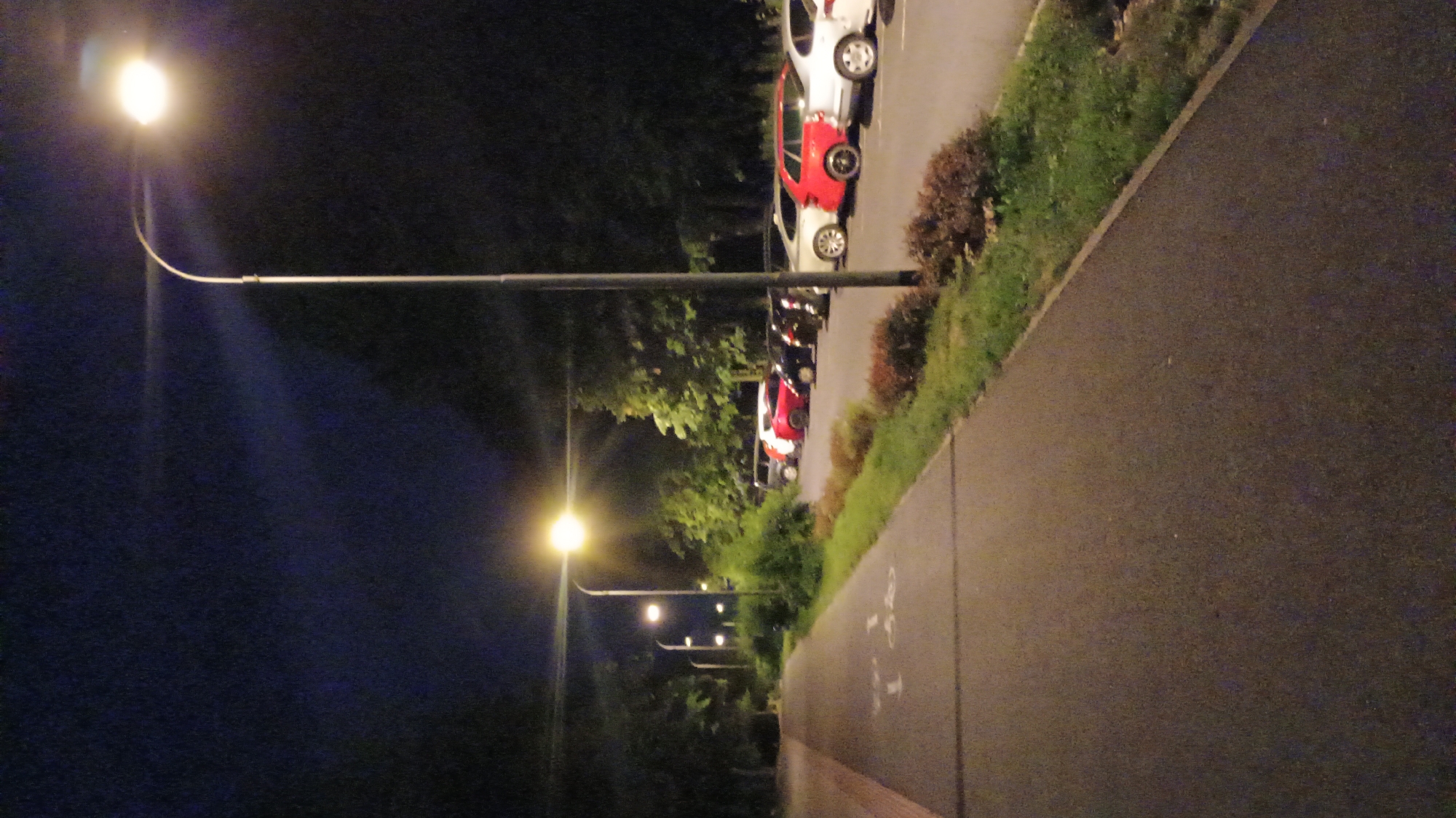 This is a vertical, eye-level, outdoor, night-time photograph taken in Sokolov, Czechia. The scene depicts a paved pathway or bike lane on the left side of the image, bordered by grass and then a parking lot filled with several cars on the right. The pathway has painted white markings, including a bicycle symbol. Several tall lampposts with glowing lights illuminate the area. Trees are visible in the background, creating a dark, shadowy backdrop against the night sky. The cars are parked in a row, and some of the models are identifiable, such as a red car and a white car. The overall atmosphere is quiet and dimly lit.