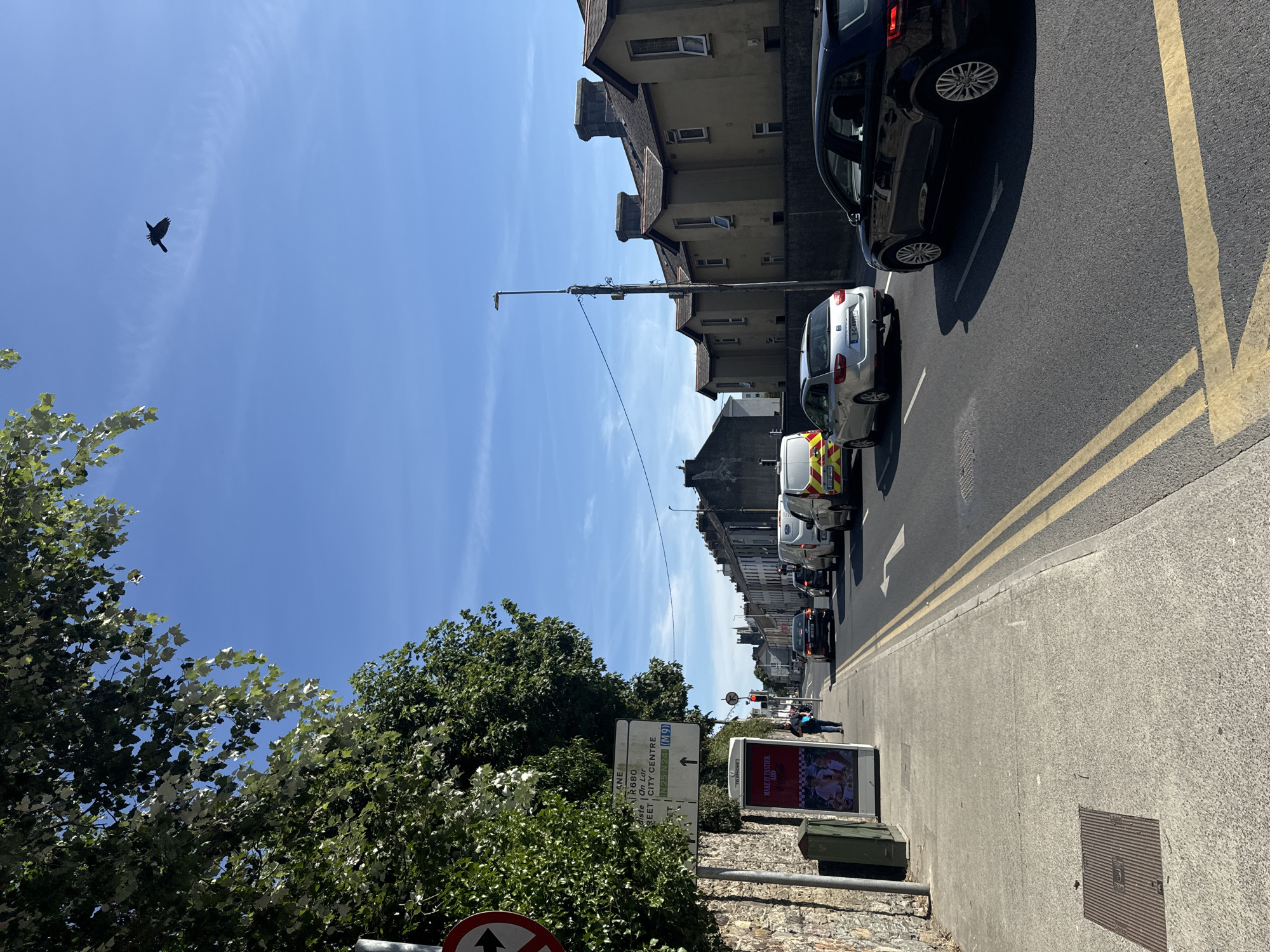 The image depicts a street scene in Waterford City, Ireland, on a sunny day with a clear blue sky and scattered cirrus clouds. A bird is seen in flight against the sky. In the foreground, a sidewalk runs along the left side of the image, bordered by a stone wall and mature trees with green foliage. A pedestrian is walking on the sidewalk. A red and white circular sign with a black arrow pointing to the right is visible on a pole. A white signpost displays directions to R680, N25-N24 (M9), and City Centre, with an arrow pointing straight ahead. A telephone booth with an advertisement is also present on the sidewalk.

The street is a two-lane road with yellow double lines marking the center. Several vehicles are proceeding in the same direction. These include a black car, a silver car, two white vans, and another dark-colored vehicle. The buildings lining the right side of the street appear to be residential or commercial, with yellow-painted facades and pitched roofs. A lamppost stands near the right edge of the road. The overall impression is that of a typical urban street with moderate traffic.