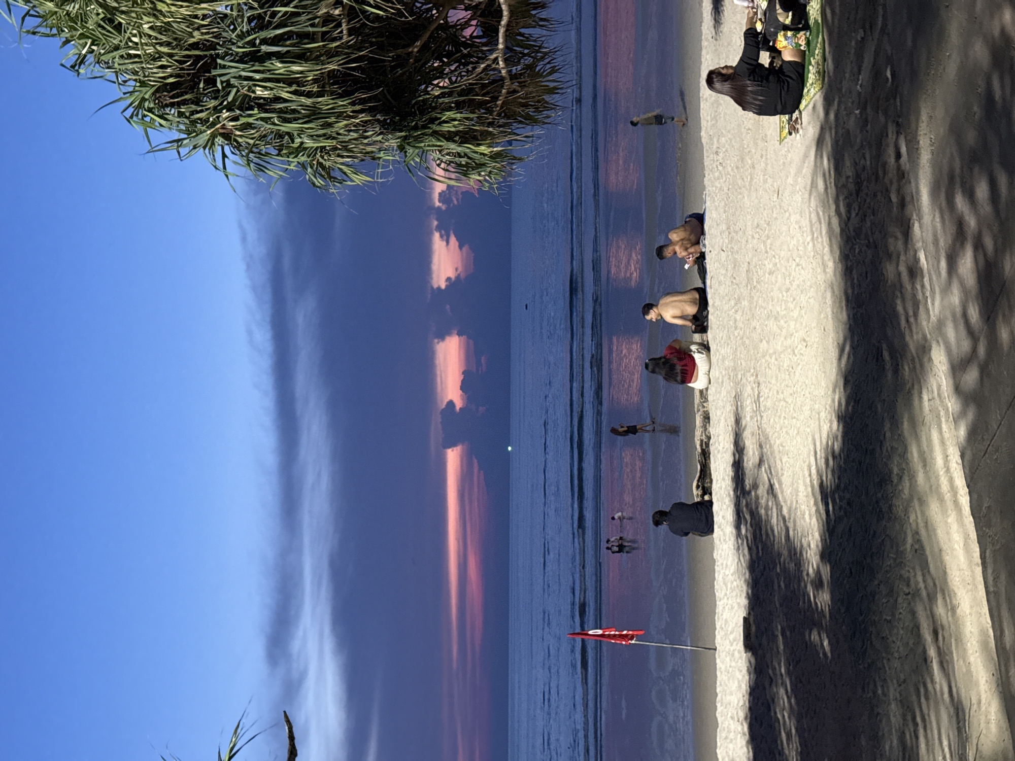 This image depicts a beach scene at sunset in Patong, Thailand. The sky is a gradient of deep blue to purple with streaks of pink and orange from the setting sun. The ocean reflects the colorful sky, with gentle waves lapping the shore. Several people are visible on the beach, some sitting in small groups, others walking near the water's edge. A red flag is planted in the sand, and a large, leafy tree with hanging fronds is visible on the right side of the frame, casting shadows on the sand. The overall atmosphere is peaceful, with a sense of people enjoying the evening on the tropical coastline.