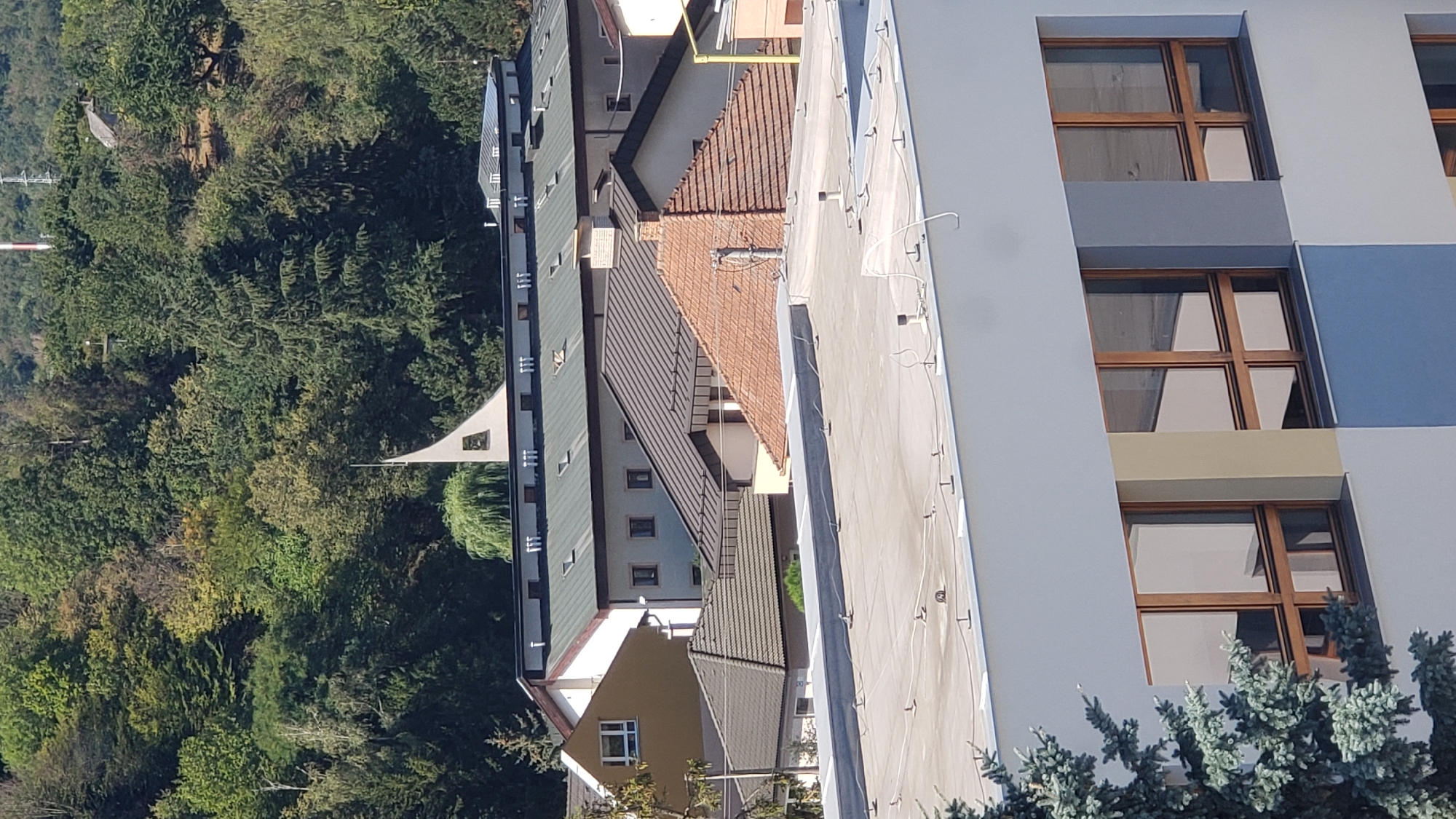 This image provides an aerial perspective of a residential area in Prešov, Slovakia, specifically capturing a section of the Sekčov housing estate. The foreground is dominated by the flat, gray roof of a modern building, equipped with several antennas and junction boxes, suggesting a commercial or public facility. This roof is also partially obscured by the dense, blue-green foliage of a coniferous tree on the left side of the frame.
Beyond this, the mid-ground reveals a cluster of buildings with varied architectural styles. A multi-story building with a light-colored facade and multiple rows of dark-framed windows, some reflecting the bright sky, is visible. Adjacent to it is a building with a dark green, sloped roof featuring numerous dormer windows. Further back, a striking modern structure with a distinctive white, curved spire rises above the other buildings, hinting at a church or a public monument. To its left, a weeping willow tree adds a touch of greenery.
The background consists of a steep, densely wooded hillside, characteristic of the natural landscape surrounding Prešov. The trees display a variety of green hues, indicating a mix of deciduous and coniferous species. The overall scene is bathed in bright sunlight, casting shadows and highlighting the textures of the rooftops and foliage. No people or specific activities are discernible in the image.