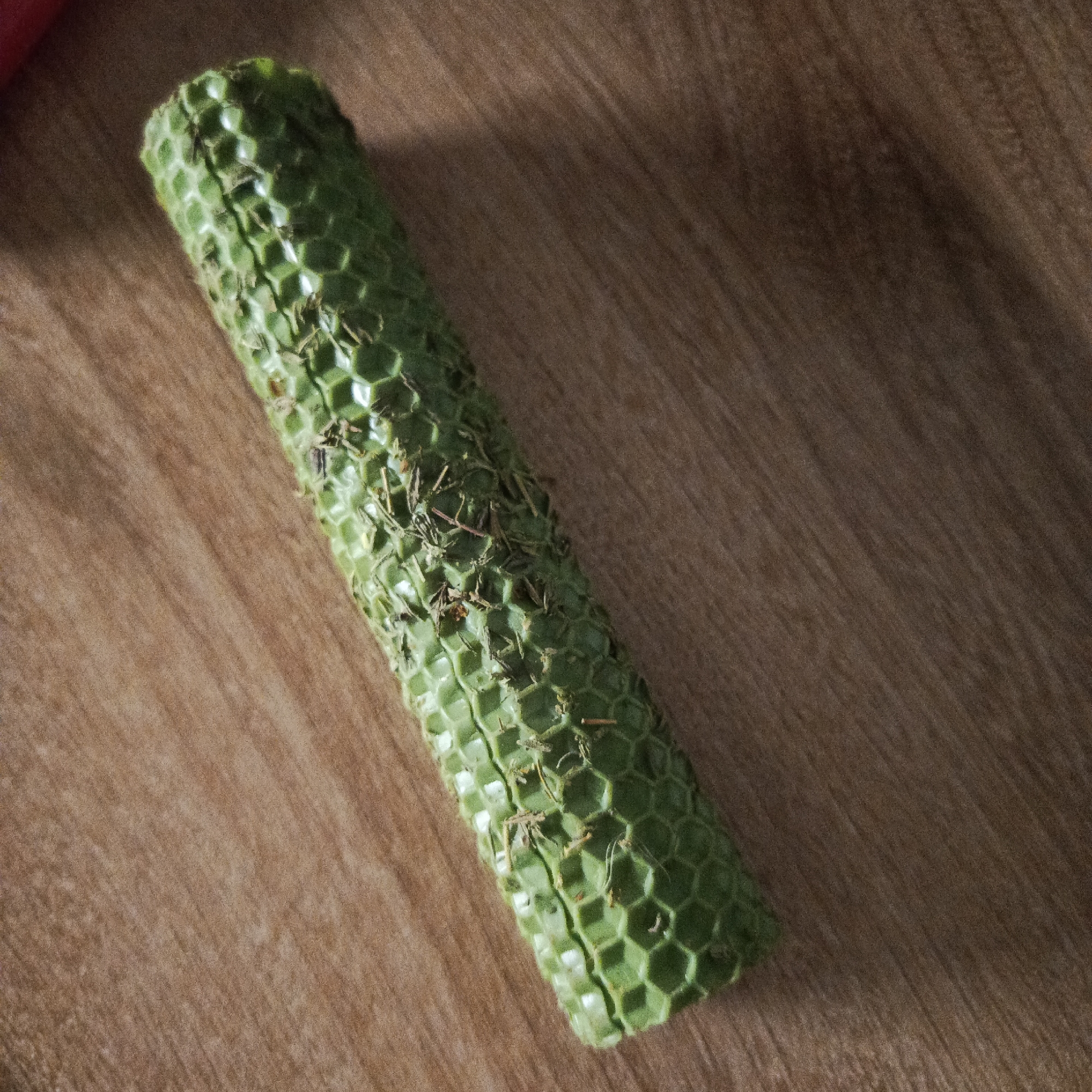 A green, cylindrical object with a textured, honeycomb pattern lies on a wooden surface. The object appears to be organic or made from a natural material. Small pieces of debris, possibly plant matter, are embedded within the honeycomb structure. The wooden surface has a distinct grain pattern and a warm brown tone.
I do not have information on the location within the city of Марковский, Russia.