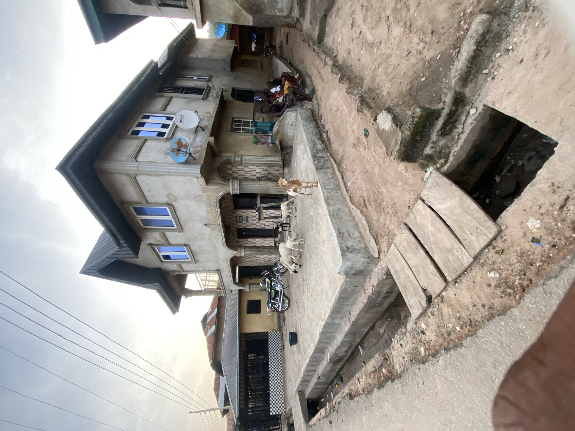 This image captures a street scene in Enwan, Nigeria, under an overcast sky. A prominent two-story concrete building with a dark grey pitched roof and blue-tinted windows dominates the center-right. Two "SPACE" branded satellite dishes, one light blue and one white, are mounted on its upper facade. The ground floor features patterned concrete tiling near an entrance. To the left, a single-story building with a corrugated metal roof and a black-and-white checkered wall section is visible.
In the foreground, a concrete drainage ditch, partially filled with debris and stagnant water, runs parallel to the viewer. Three wooden planks form a makeshift bridge over a wider section of this ditch, and a rectangular opening into a deeper cavity is visible further right. The ground is unpaved, consisting of reddish-brown dirt with scattered litter.
A raised concrete patio occupies the area in front of the main building. On this patio, a yellow and black motorcycle is parked. Several goats are present: two white adult goats and a white kid are near the motorcycle, and a light brown and white goat stands on a raised concrete ledge to the right. A dark goat is also visible further back near the motorcycle.
Four individuals, appearing to be men and children, are seated casually on a concrete ledge or bench to the right of the main building. Clothes are draped on a railing or line near them. Overhead power lines and a utility pole are visible against the sky on the far left. A black plastic basin sits on the concrete patio near the motorcycle. A single green flip-flop lies on the dirt path.