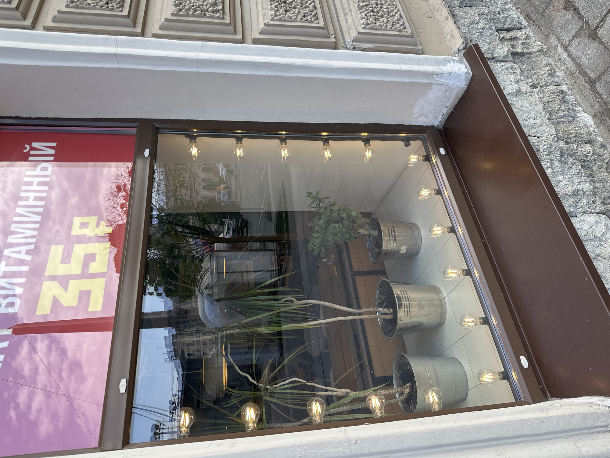 The image shows a street-level view of a shop window display, likely located in Saint Petersburg, Russia, judging by architectural styles potentially reflected in the window. The display consists of three metal buckets, each containing a different plant. These buckets are arranged vertically within the window. A string of light bulbs runs along the top and the bottom edge of the window frame, providing illumination. A part of the shop sign, in Russian, is visible on the left side of the window. The surrounding buildings and street are reflected in the glass, indicating that it's daytime. The window frame is brown, and the exterior wall is white. The adjacent sidewalk is made of stone.