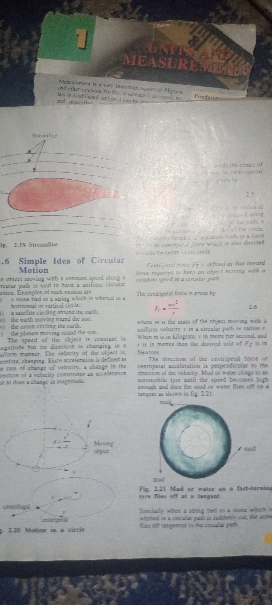 The image shows a page from a physics textbook discussing circular motion. The text defines circular motion, provides examples such as a satellite orbiting the earth, and explains the concept of centripetal force with a formula. Illustrations depict streamlines around an airfoil, a moving object in circular motion, and mud flying off a spinning tire. The context provided about Jalingo, Nigeria is not visible in the image.
