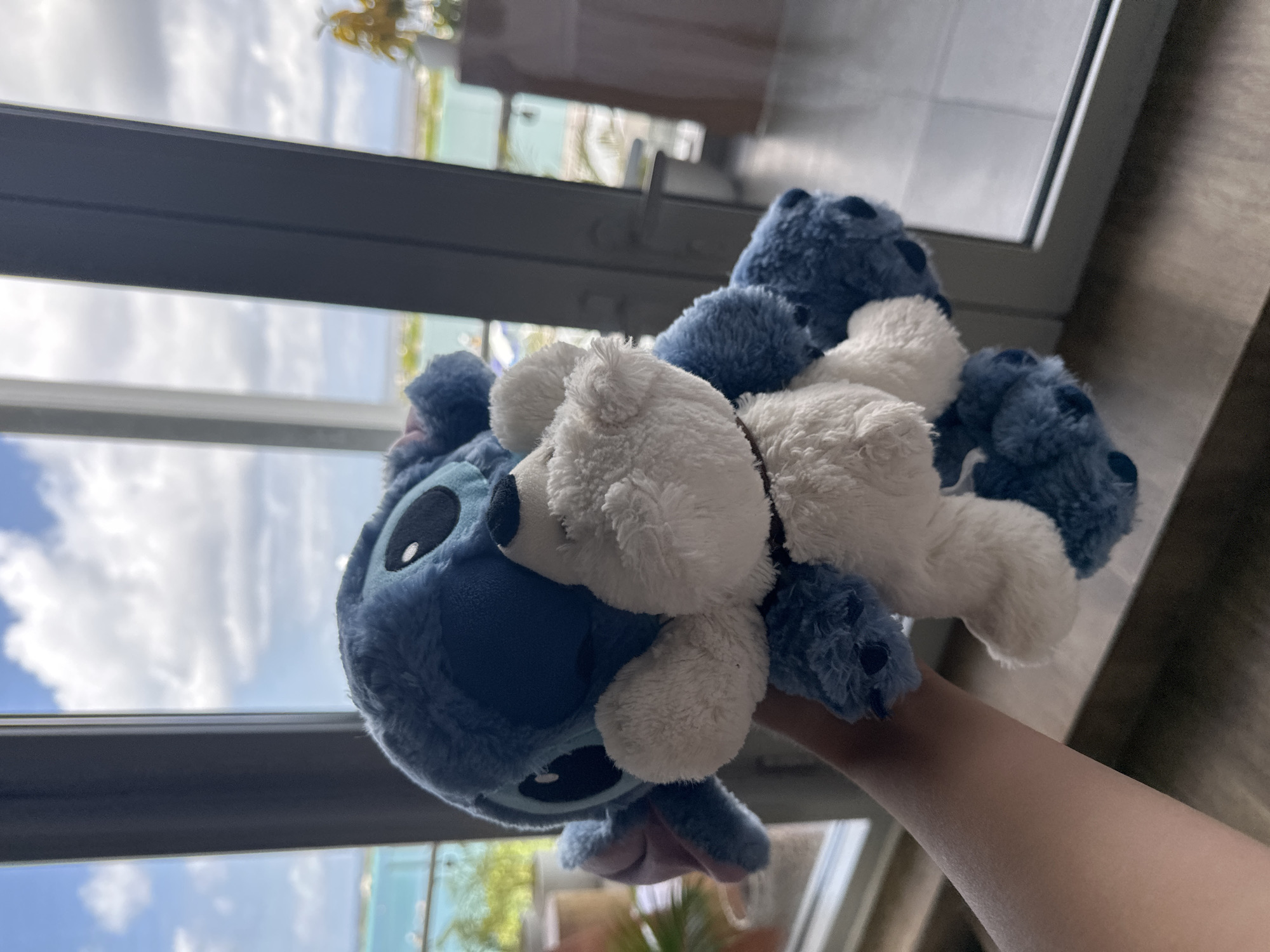 The image shows a close-up view of two plush toys, a blue Stitch character and a white teddy bear, held by a person's arm. The toys are positioned in front of a large window that overlooks a body of water, likely the ocean, with a cloudy sky. The environment outside the window suggests a tropical location. The person's arm is visible in the lower left portion of the frame. The scene appears to be indoors, by a window.
