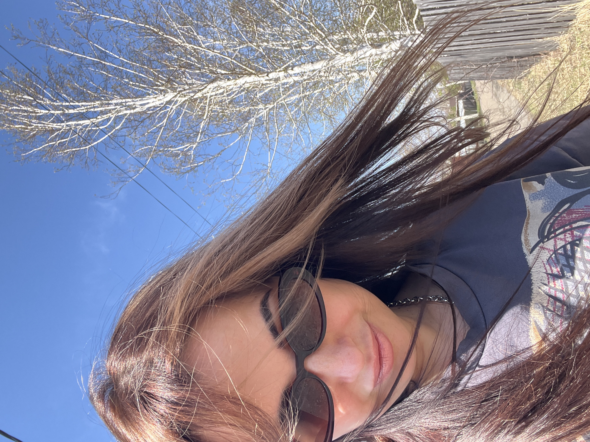 A selfie taken outdoors on a sunny day, angled with the subject on the right. A woman with long, light brown hair and wearing sunglasses faces the camera with a slight smile. A silver chain necklace is visible around her neck, and she is wearing a blue patterned shirt. Behind her, a leafless tree with white branches reaches towards a clear blue sky. A fence is partially visible in the background. Location and city are unknown.