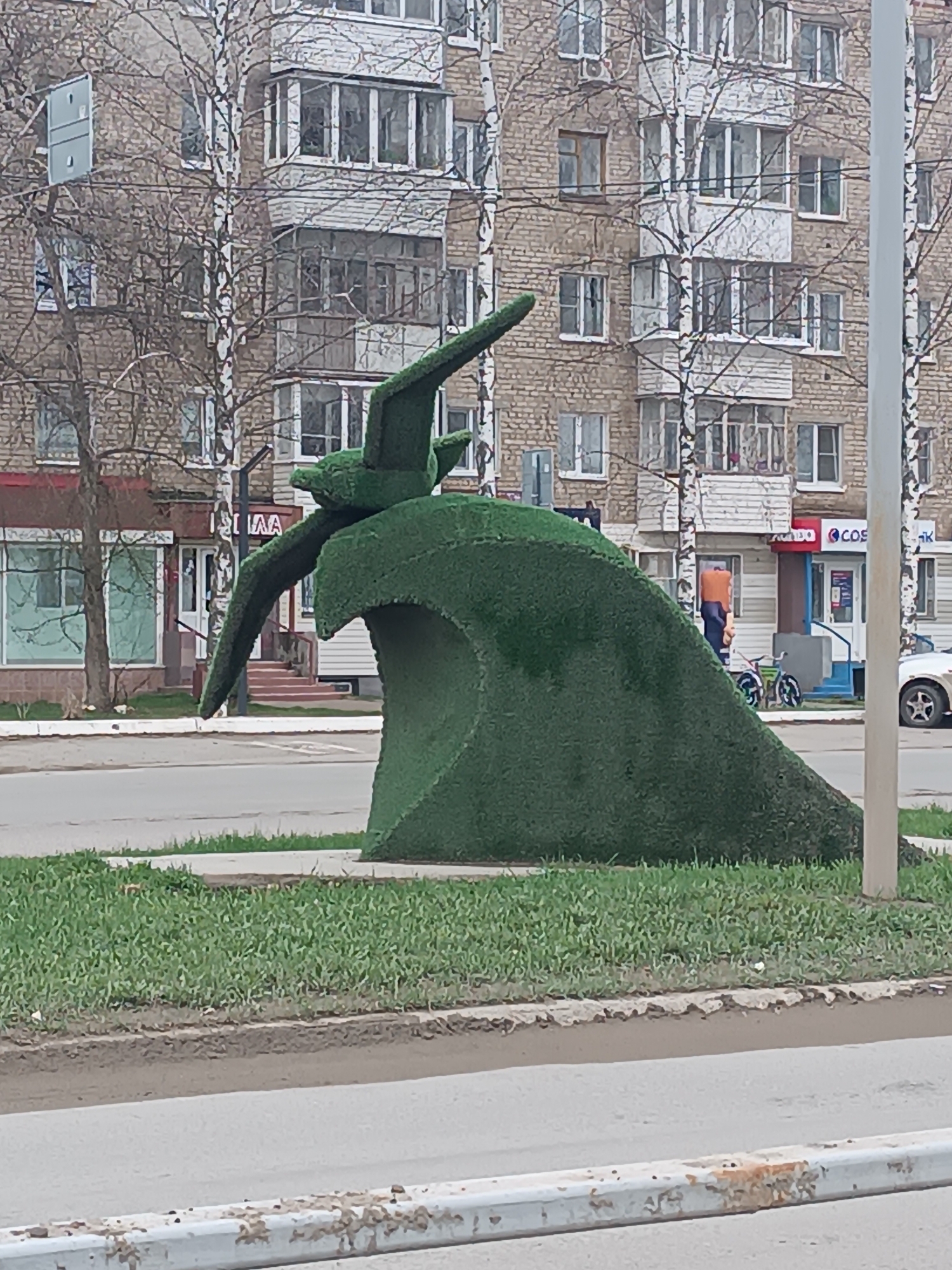 The image captures an urban scene in Chaikovsky, Russia, centered around a distinctive topiary sculpture. In the foreground, a large sculpture made of green artificial turf or sculpted grass depicts two seagulls perched atop a breaking wave. This sculpture is situated on a grassy median separating sections of pavement or road.
Behind the sculpture, a street runs across the midground. On the far side of the street, several multi-story residential buildings, constructed of light-colored brick, dominate the background. These buildings feature numerous windows and enclosed balconies or loggias. Several bare birch trees with characteristic white bark and dark markings are scattered across the scene, their branches obscuring parts of the buildings.
On the ground floor of some background buildings, commercial establishments are visible. One shopfront to the left shows partial Cyrillic letters, possibly "ЛАА". To the right, another shop has signs with visible Cyrillic letters "СОБ" or "СОС" and "К", possibly indicating "СОБЕС" (Social Security) or a bank ("БАНК"). Near this shop, a person in an orange top and dark pants is partially visible near an entrance, and a bicycle with green wheels is parked. A white car is also partially seen on the right side of the road.
The scene appears to be set during daytime, under an overcast sky, as indicated by the soft, diffused lighting and lack of strong shadows. The bare branches of the birch trees suggest either late autumn, winter, or early spring. The overall impression is one of a typical streetscape in a Russian town, featuring a unique public art installation.