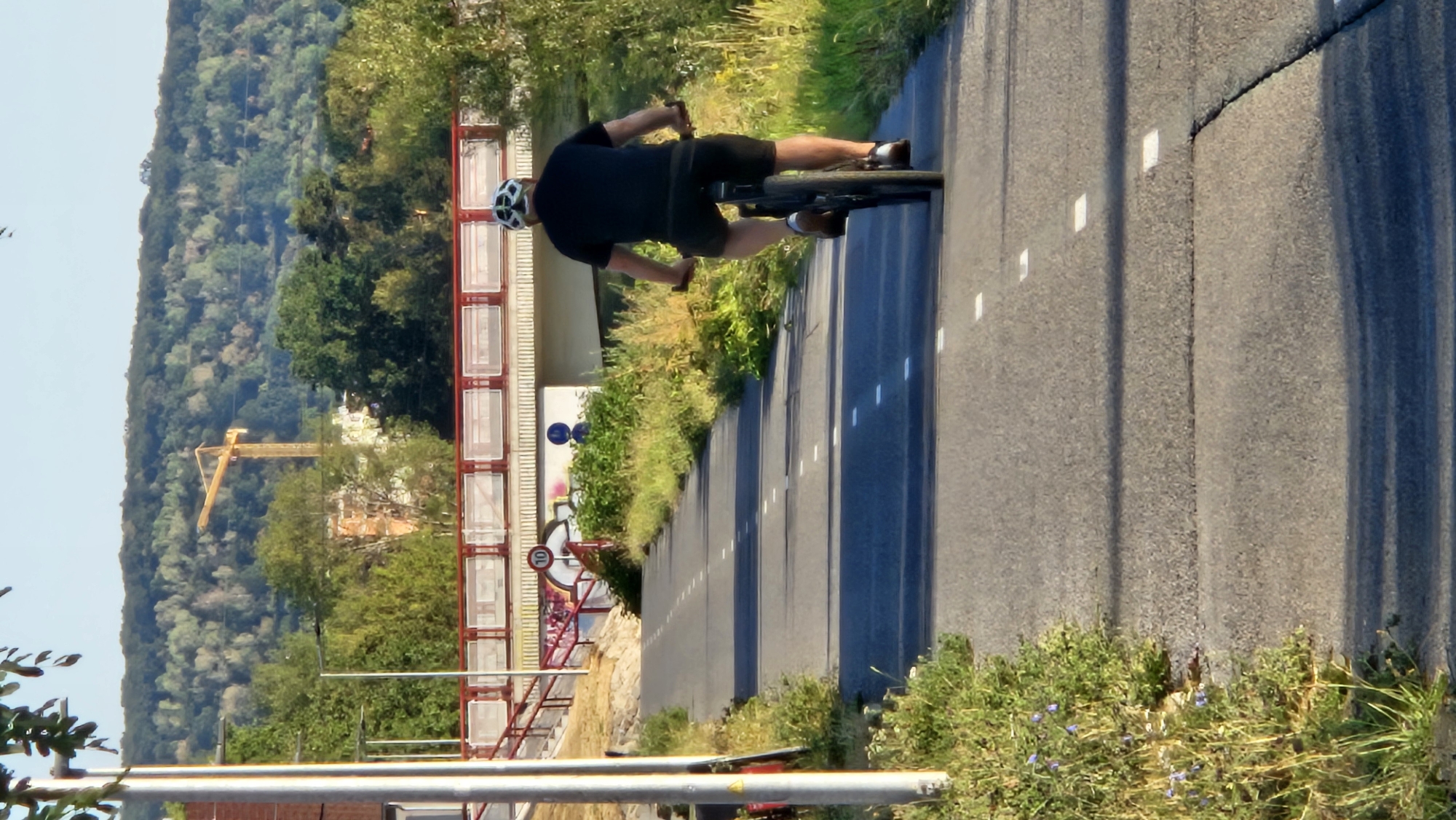 An adult male wearing a helmet and dark clothing is cycling away from the camera on a paved road. The road has white dashed lines painted on it, indicating a bike path or lane. The path slopes upwards and curves slightly to the right. To the left of the road is a metal pole and some green vegetation. To the right of the road, more vegetation and tall grass are visible. In the background, a red and white bridge spans across the road, with a construction crane visible in the distance behind the bridge. Trees and a hill covered in foliage form the backdrop. The sky is clear and blue. The scene appears to be in a park or a dedicated recreational area within a city. The bridge is likely a pedestrian or bicycle overpass. The presence of a construction crane suggests ongoing development in the area. The overall setting is outdoors, during daylight.