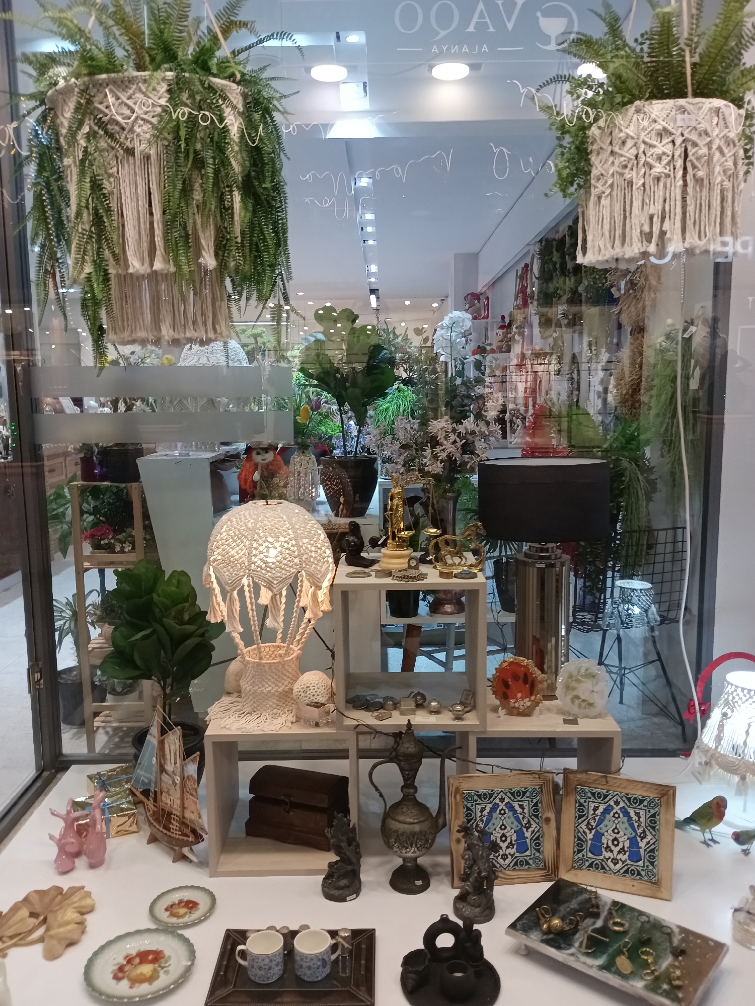 This image is a photograph taken through a shop window in Alanya, Turkey. The shop appears to be a home decor or gift shop, displaying various decorative items.
In the foreground, on a white surface, are several objects. To the left, there are three small pink ceramic bunnies, a small wooden boat with sails, and some golden leaf-shaped ornaments. To the right of these, there are two decorative plates, one with a floral design and another with fruit imagery. Further to the right, on a dark patterned tray, are two white ceramic cups with blue patterns, and a small glass bottle.
Behind the foreground items, there are shelves and displays. A wooden chest with two drawers is stacked on a light wood shelf. Above this shelf, a macrame lampshade illuminates a light bulb, casting a patterned glow. There are other decorative items on this shelf, including what appears to be a small sculpture.
Further back, a large black lampshade sits on a tall, cylindrical, metallic lamp base. To the left of the lamp, there are gold decorative objects, including what looks like a small statue of scales and a horse. In the background, the shop's interior is visible, filled with plants, flowers, and various retail items, suggesting a well-stocked store.
Above the display, a reflection on the glass shows a logo with text that appears to be "OOAV AYNALA," likely the shop's name or a brand. The environment outside the window is blurred, but hints at an indoor setting, possibly a mall. The overall impression is of a curated display of decorative goods presented for sale in a retail establishment.