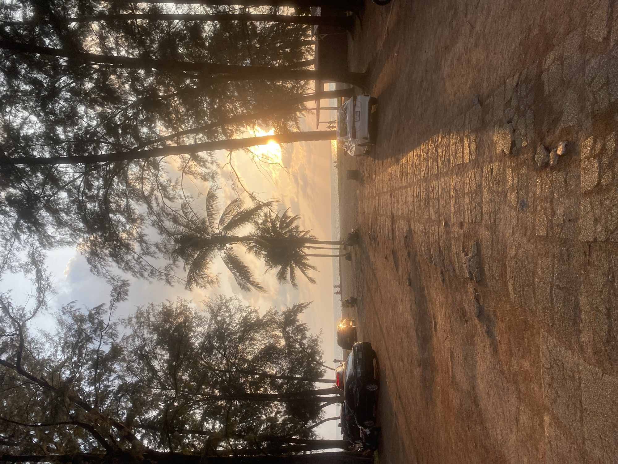 The image depicts a serene coastal scene bathed in the warm, golden light of either sunrise or sunset. A dirt or paved path stretches from the foreground towards the background, leading to the ocean. Along the left side of this path, numerous tall, slender pine-like trees and several large palm trees create a dense canopy. The sun, low in the sky, is visible through the branches on the left, casting long shadows and brilliant reflections across the path.
In the distance, along the expansive sandy beach, several small figures of people can be seen near the water's edge, suggesting leisurely activity. Multiple vehicles are parked on the path, including a white SUV or pickup truck with a visible Thai license plate ("กธ 9980") and a darker sedan further behind it.
The notable details include the characteristic golden hour illumination, which permeates the entire scene, and the presence of scattered clouds in the sky. The combination of beach, ocean, and tropical vegetation strongly indicates a coastal setting, consistent with Choeng Thale, Thailand. The overall atmosphere is peaceful and picturesque.