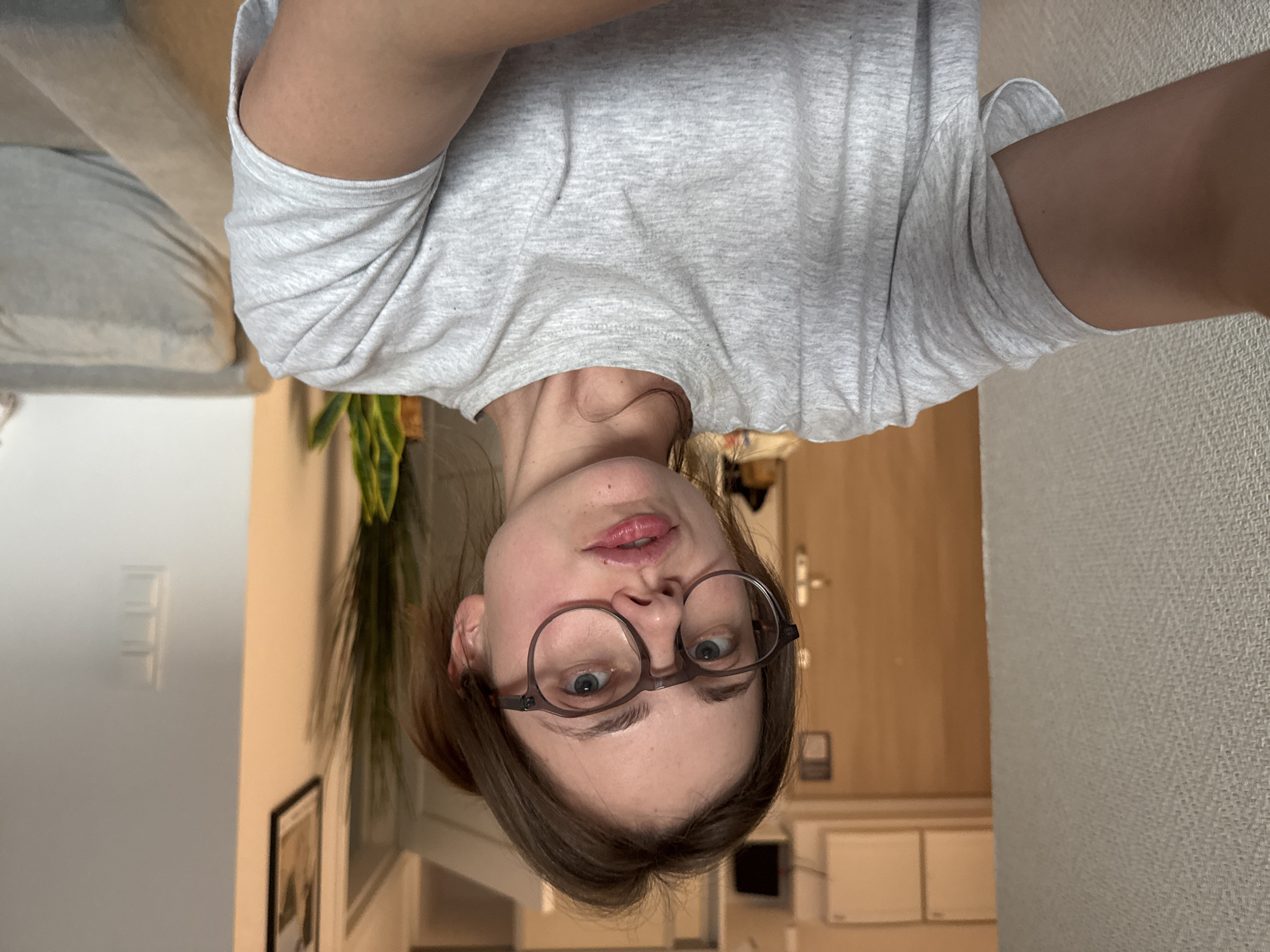 A young woman with brown hair pulled back and wearing glasses is taking a selfie in what appears to be an apartment. She is wearing a grey t-shirt. In the background, there is a doorway with a light-colored door, a textured wall, and part of a sofa. There is also a potted plant visible. The scene does not contain any elements suggesting a location in Szklarska Poręba, Poland.