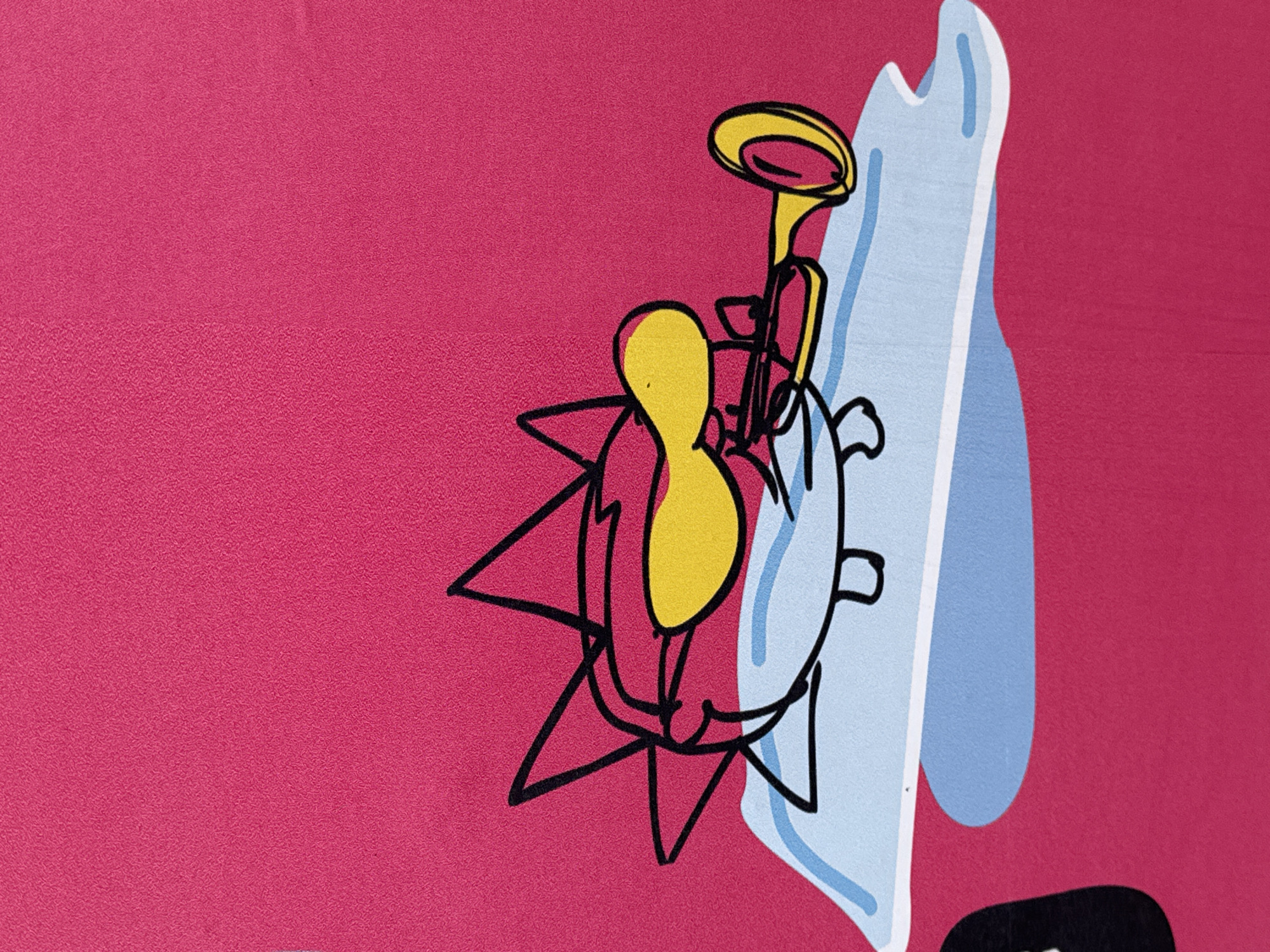 The image presents a section of a poster in what appears to be Saint Petersburg, Russia, based on its location context. The poster has a pink background, and it features a stylized drawing composed of black outlines filled in with yellow, blue, and white. The drawing shows a person with a yellow form, accompanied by a trumpet that is colored in yellow and black. The figure is set against an abstract shape with light blue and white coloring.
