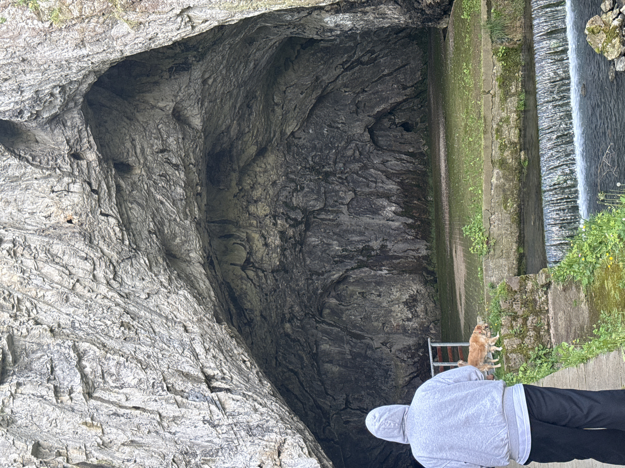 An outdoor scene in Klinci, Serbia, features a large, dark cave entrance or rock overhang on the left, characterized by heavily textured, stratified grey rock formations. To the right of the cave, a man-made concrete pathway or structure, partially covered in moss and green plants, runs along a body of water. A small waterfall or weir flows over a concrete barrier on the far right, creating white foamy water.
In the foreground, seen from behind, a person wearing a light grey hooded sweatshirt and dark pants stands, observing the scene. Next to them, a light brown dog stands upright on its hind legs near a small, possibly wooden or metal, barrier or bench. The dog appears to be looking towards the person or the water feature.
The lighting suggests it is daytime, with soft light indicating potentially overcast conditions. The image captures a blend of natural geological features and human-made infrastructure for water management or access. There is no visible text in the image.
