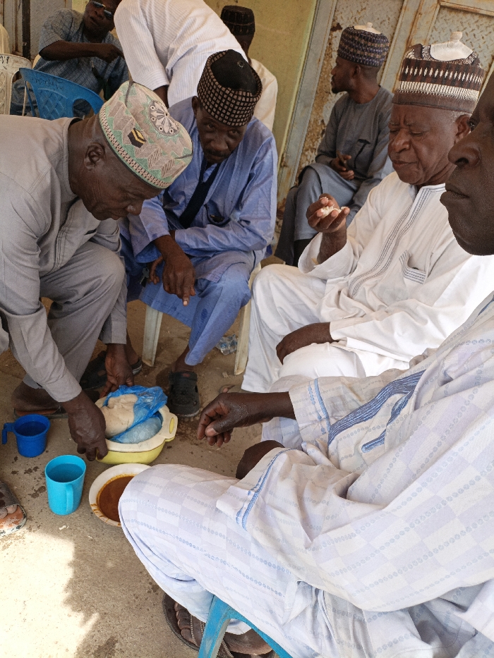 An overhead-angled medium shot depicts a gathering of at least seven adult males in Gama, Nigeria, engaged in a communal meal. In the center foreground, a man wearing a light grey kaftan and a patterned cap with green and brown accents crouches, attending to a yellow plastic bowl on the light-colored concrete ground. This bowl contains a light-colored, dough-like food substance, partially covered by a blue plastic bag. Adjacent to the yellow bowl are two blue plastic cups and a small white bowl holding a reddish-brown liquid or stew. To the right of this activity, another man in a white kaftan and a patterned white cap is seated, holding a portion of light-colored food in his right hand, poised to eat. His right leg is crossed over his left, and he wears dark sandals. Further right, a portion of a man in a white and light blue patterned kaftan is visible, seated on a blue plastic chair, with his right hand resting on his thigh.
To the left of the crouching man, a man in a light blue kaftan and a dark patterned cap sits on a white plastic chair, observing the food. In the background, positioned behind the man in grey, another man in a white kaftan stands. Further left, a man in a light blue patterned garment and dark sunglasses is seated on a blue plastic chair. Two additional men are partially visible in the deep background: one in a grey garment and a dark cap, and another mostly obscured by a wooden doorframe on the far right. All individuals wear traditional Nigerian attire and caps. The scene is illuminated by natural light, casting subtle shadows, suggesting an outdoor or semi-sheltered environment against a light-colored wall.
