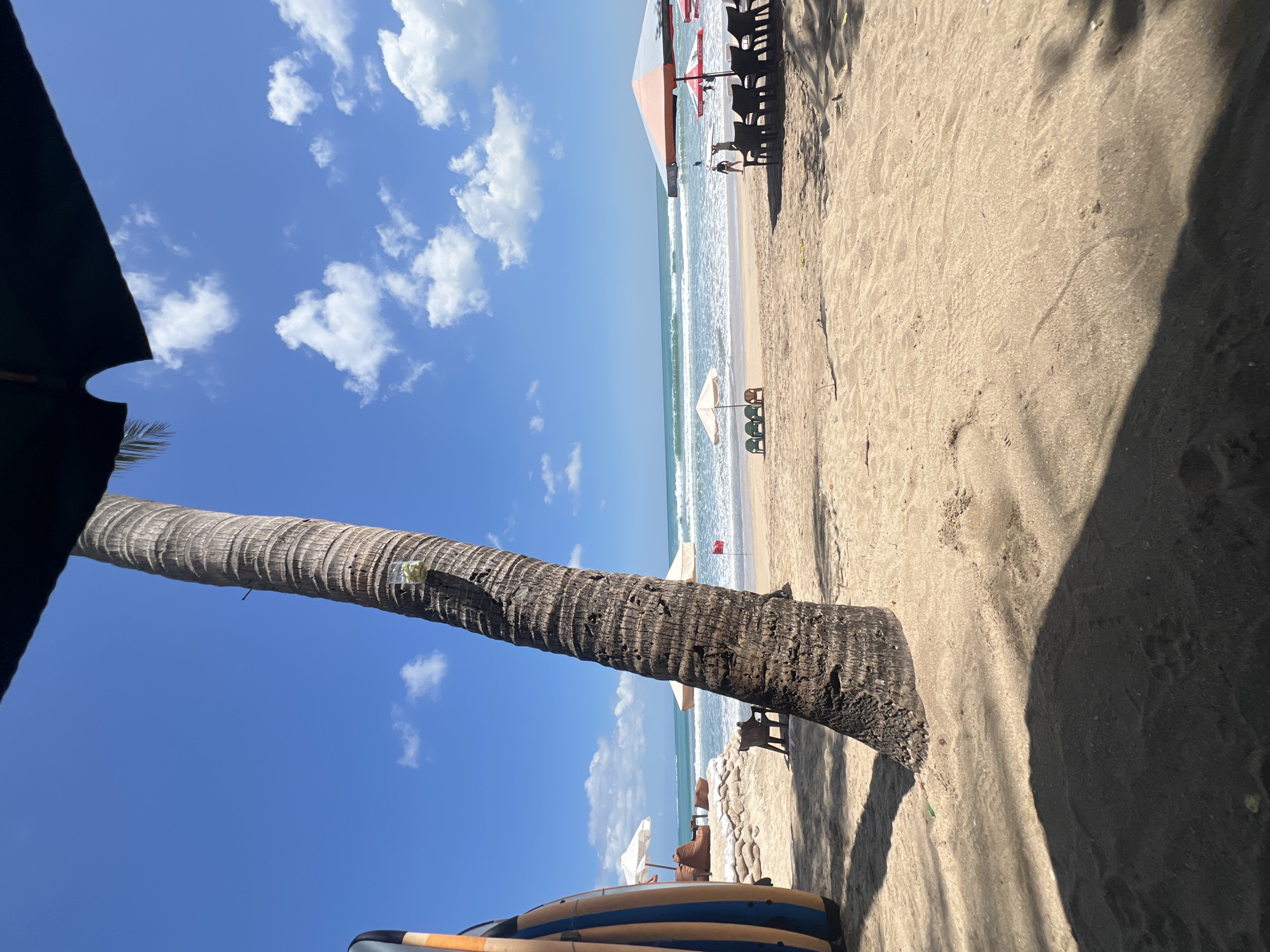 This is a photograph of Kuta Beach in Kuta, Indonesia. The image captures a sunny day at the beach with a clear blue sky dotted with white clouds. In the foreground, a large palm tree trunk is prominent, casting a shadow on the sandy beach. To the left, a stack of surfboards is visible. Further down the beach, lounge chairs and umbrellas are set up, some occupied by people. The ocean is visible in the background with gentle waves rolling onto the shore. A red flag is planted in the sand near the water's edge. The overall scene depicts a typical day at a tropical beach destination.