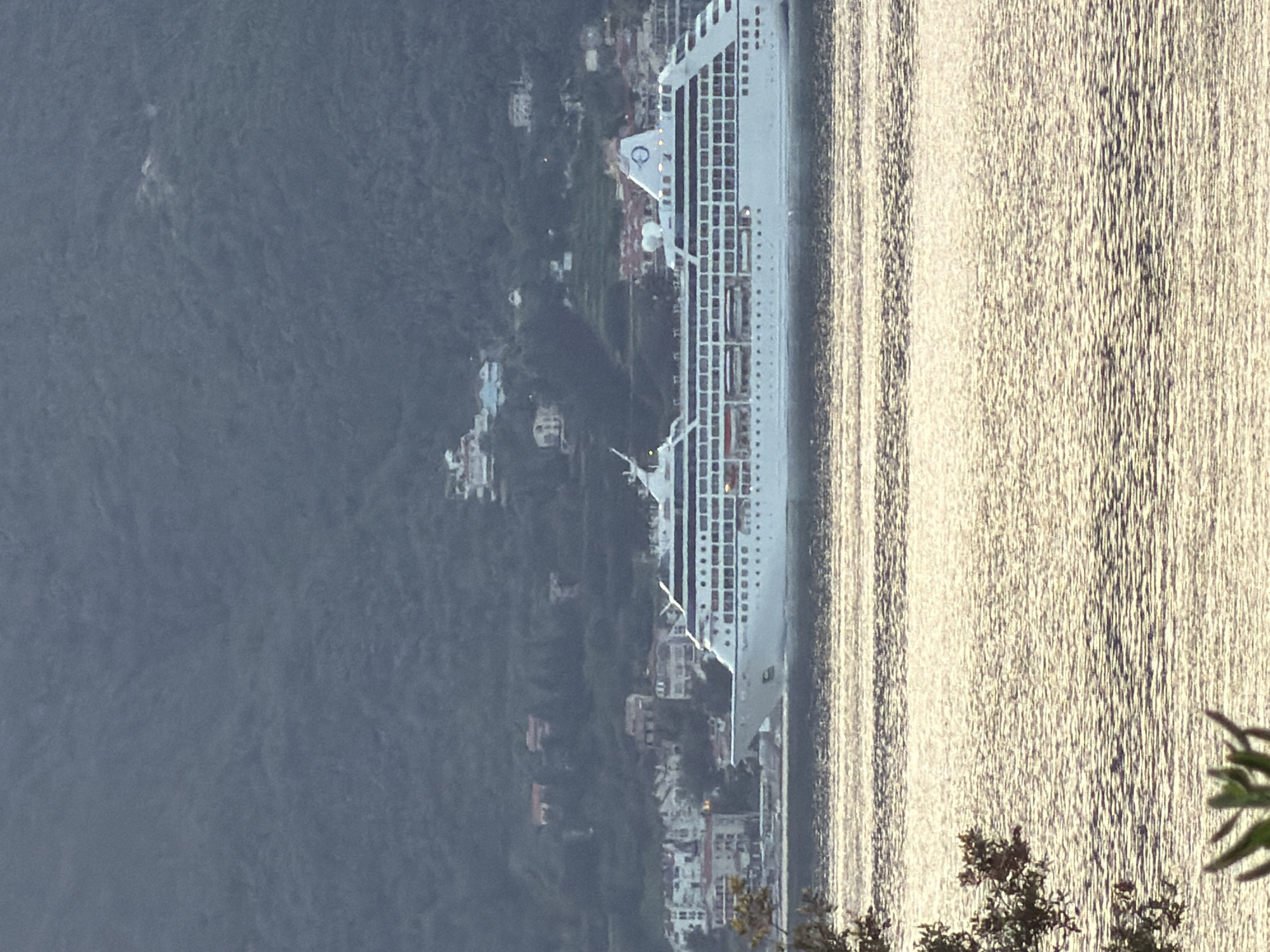A medium shot captures a cruise ship docked close to the shore in Krašići, Montenegro. The ship, largely white, spans the right side of the frame, its multiple decks and rows of windows visible. To the left of the ship, the shoreline is dotted with houses and vegetation. Mountains rise in the background, their color muted by distance. The sea, reflecting sunlight, fills the space to the right of the cruise ship. Some trees are visible in the bottom right corner.