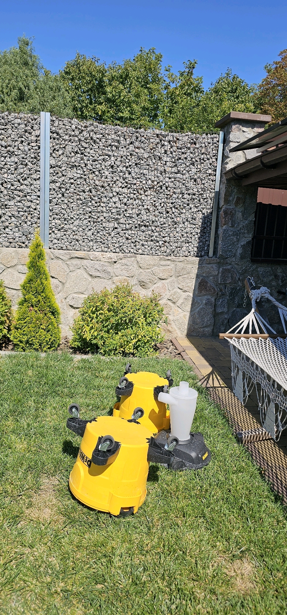 In an outdoor setting with a bright blue sky, a grassy lawn features two yellow DeWalt dust collection drums with wheels. A white plastic cyclone dust separator is mounted on a black base between the two drums. To the left, a small evergreen tree stands out against a gabion wall made of wire mesh filled with stones, which forms a fence. Behind the gabion wall, lush green trees are visible. To the right of the dust collectors, a section of a stone building with a brown roof is partially visible, and a white hammock with a wooden frame is suspended nearby. The ground is covered in green grass and some paving stones. The scene appears to be a backyard or garden area.