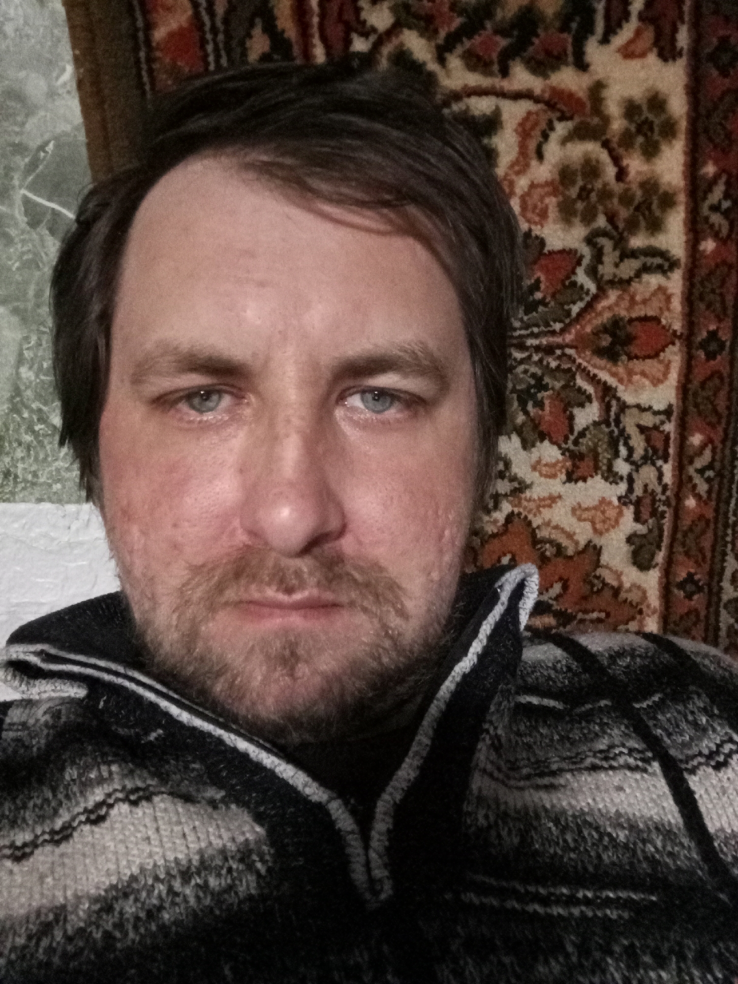 A mid-40s Caucasian man is looking directly at the camera. He has short, dark brown hair and a beard. He is wearing a black and white striped knit sweater. Behind him is a rug with an ornate brown, red, and green floral pattern. To his left is a pale green wall with a white painted texture. The location of the scene is Parabel, Russia.