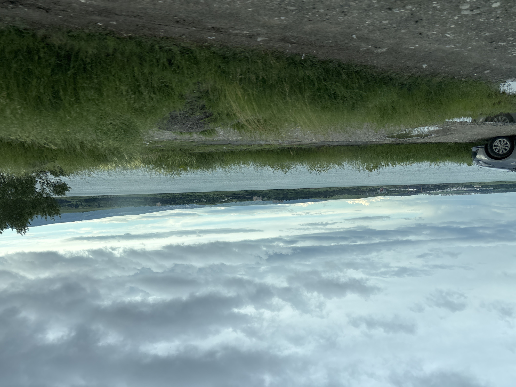 The image depicts a landscape with a body of water (likely a lake or reservoir) separating the foreground from a distant cityscape. Above the water is a cloudy sky, with varying shades of grey and white. In the foreground, there is vegetation, including grass and possibly some shrubs. To the right, a portion of a car is visible.
Based on the visual characteristics and the general landscape, it is reasonable to infer that the cityscape in the distance could potentially be Tbilisi, Georgia. However, without further information or visual cues, definitive identification is impossible.