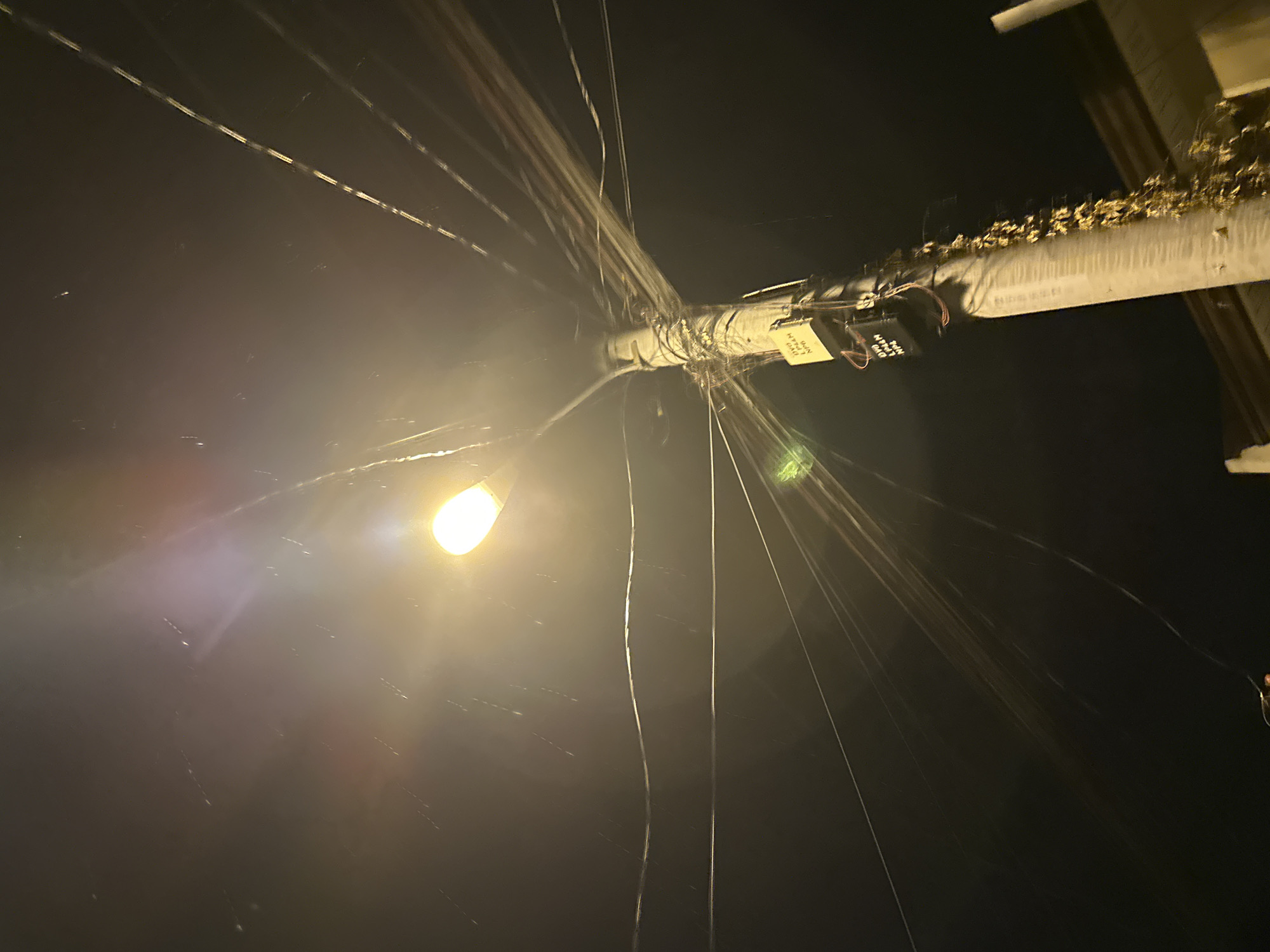 The image captures a chaotic network of utility wires and a street light at night in Davao City, Philippines. A bright, yellow-orange street lamp illuminates the left side of the frame, casting a glow and creating lens flares. Numerous thin, dark wires and cables radiate outwards, seemingly tangled around a central point on a utility pole. The pole itself, a thick, light-colored structure, extends from the upper right, adorned with various electrical components and an abundance of dried, golden-brown foliage or debris piled on its upper surface.
The scene is set at night, indicated by the dark background and the artificial light source. Streaks of light and small illuminated particles, possibly rain or dust, are visible, particularly near the lamp. Visible text on a white tag attached to the utility pole includes "9.9N" and "W.P" (or "W.F"). On a black box device mounted on the pole, "L-P.O.M.M" and "040" can be discerned. The dense and disorganized arrangement of the wires is a notable characteristic of the urban infrastructure depicted. No human activity or specific event is taking place; the image focuses on the static streetscape.