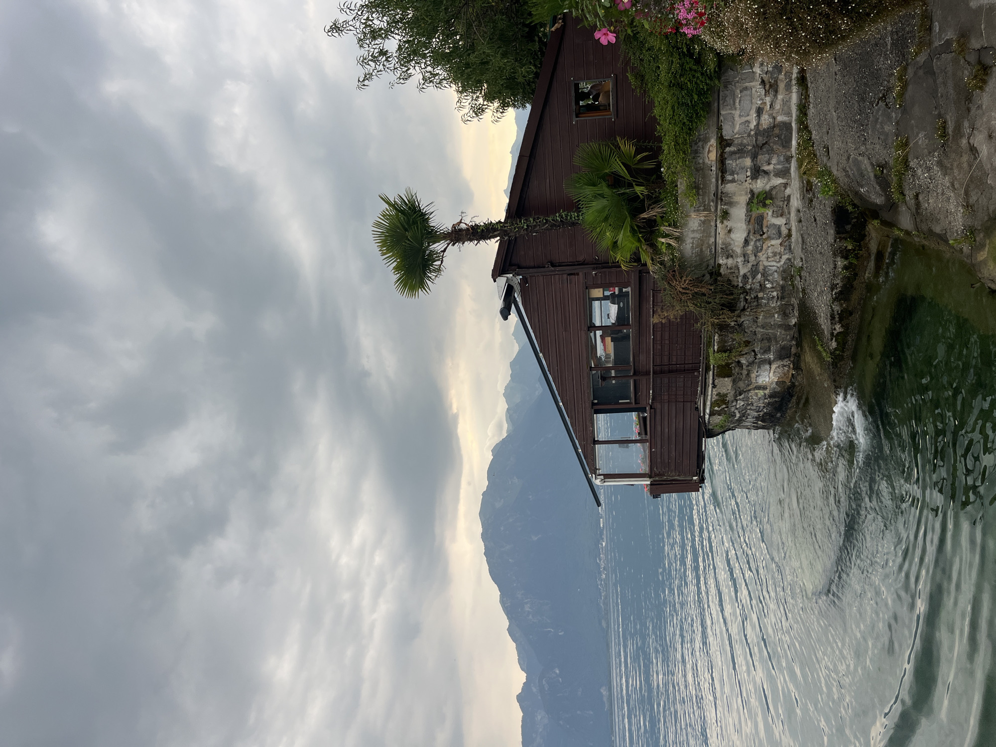 An overwater wooden building stands on a rocky embankment by a body of water, with mountains in the background under a cloudy sky. The building, likely a restaurant or cafe, has large windows and a brown exterior. A tall palm tree grows next to it, along with other greenery and pink flowers. The water is calm with ripples, and the mountains are hazy and blue. The scene is located in Montreux, Switzerland, likely along the shores of Lake Geneva. No people are visible in the image.