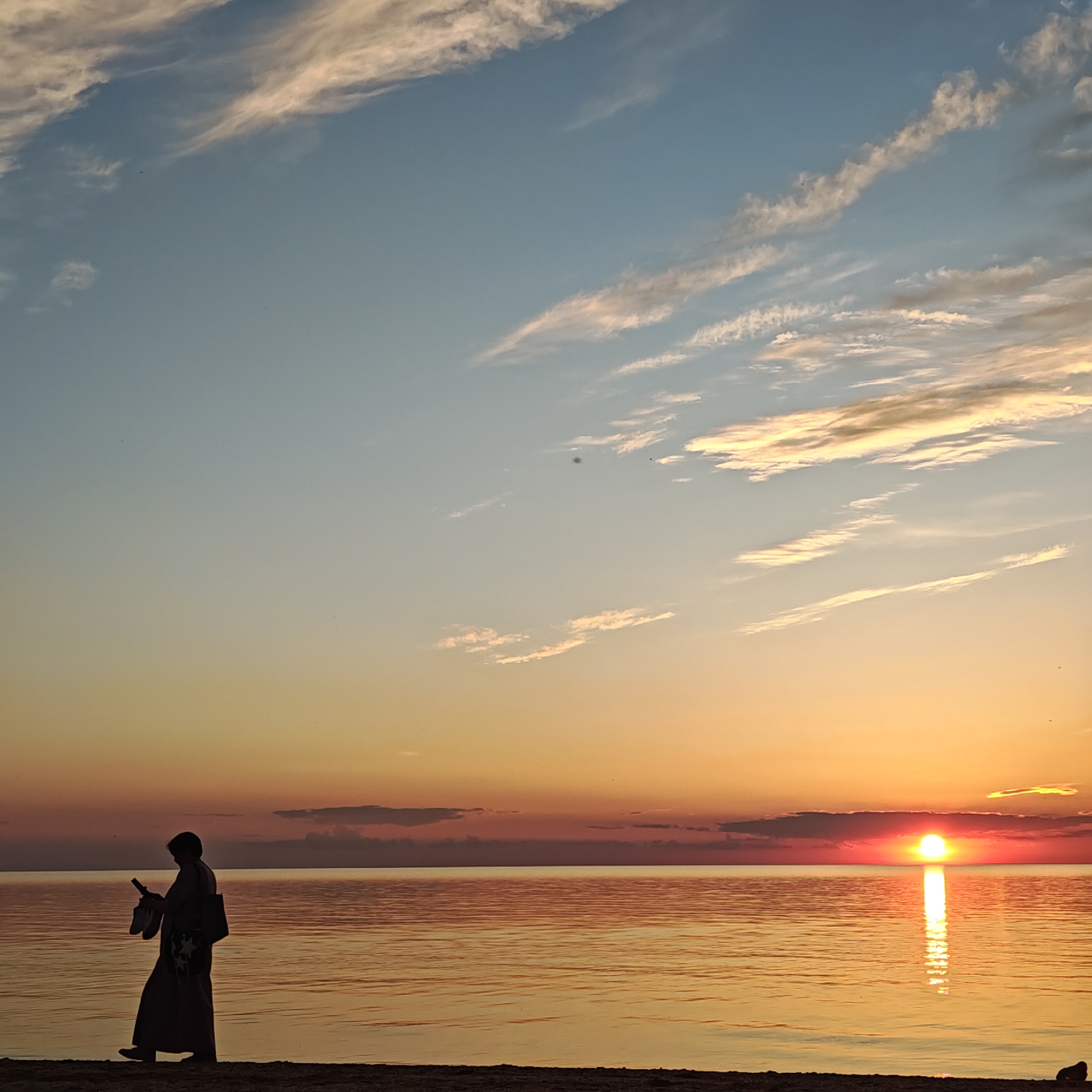 The image depicts a sunset or sunrise over a large body of water, likely a lake or ocean, viewed from a sandy or earthy shoreline in Unknown, Unknown. The sky transitions from light blue at the top, featuring scattered white and pale orange cirrus and altocumulus clouds, to vibrant orange and red tones near the horizon. A bright, intense red-orange sun disc is positioned directly on the horizon, casting a strong, vertical reflection of light onto the water's surface. The water reflects the warm hues of the sky, appearing in shades of orange, red, and yellow, with subtle ripples visible. On the left side of the foreground, a lone individual is silhouetted against the bright horizon. The person, appearing to wear a dark, flowing garment resembling a yukata or kimono with a sash, is holding a mobile phone or similar small rectangular object in their hands and looking down at it. They also carry a dark tote bag or similar item on their left shoulder. Their posture suggests a pause or slow walk along the water's edge. Small, dark, blurry specks, possibly sensor dust or distant birds/insects, are visible against the sky, particularly in the upper half of the frame. A vague dark shape is also present on the far right of the immediate foreground.
