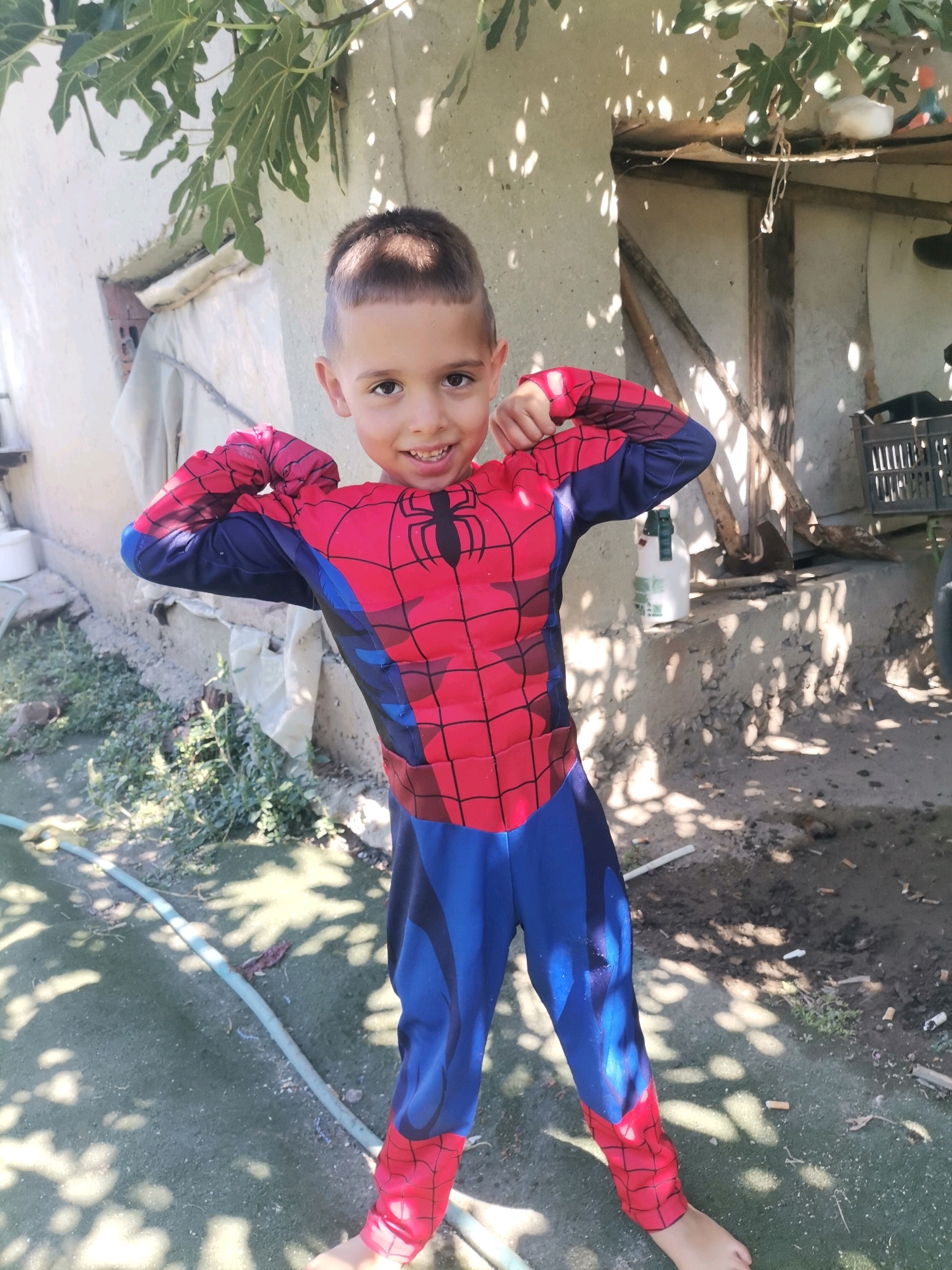 A young boy, appearing to be around 5-7 years old, is standing outdoors, posing in a Spider-Man costume. He has short, dark hair and is smiling at the camera, flexing his left arm. The boy is barefoot. He is standing on a green, textured surface with a light blue hose running across it. Behind him, there is a slightly dilapidated building with a rough, light-colored exterior wall. Overhanging the scene is a branch with large, green leaves, likely from a fig tree. Sunlight casts dappled shadows from the leaves onto the ground and the wall. The background also shows some wooden structures, a white plastic container with a green handle, and a black plastic crate. The overall environment appears to be a rural or semi-rural setting, consistent with a backyard or a less maintained area. The location is identified as Obrochishte, Bulgaria.