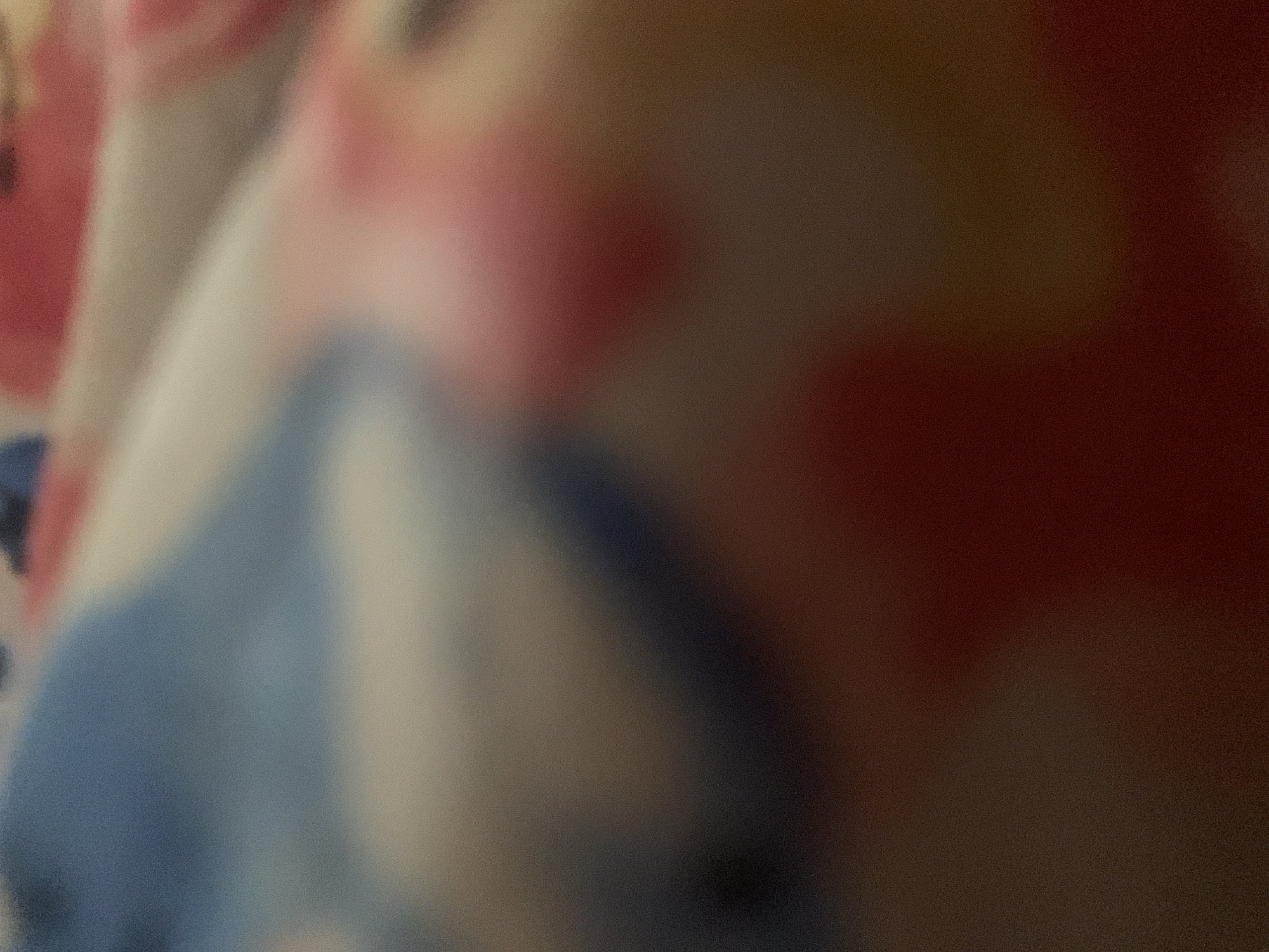 The image is a blurred, abstract shot of a patterned fabric. The colors are soft and blended, with prominent shades of blue, pink, red, and beige. There are no discernible objects, people, or environmental details visible. The image is too abstract and lacking in specific features to be definitively located in Jalingo, Nigeria, or any other specific location.