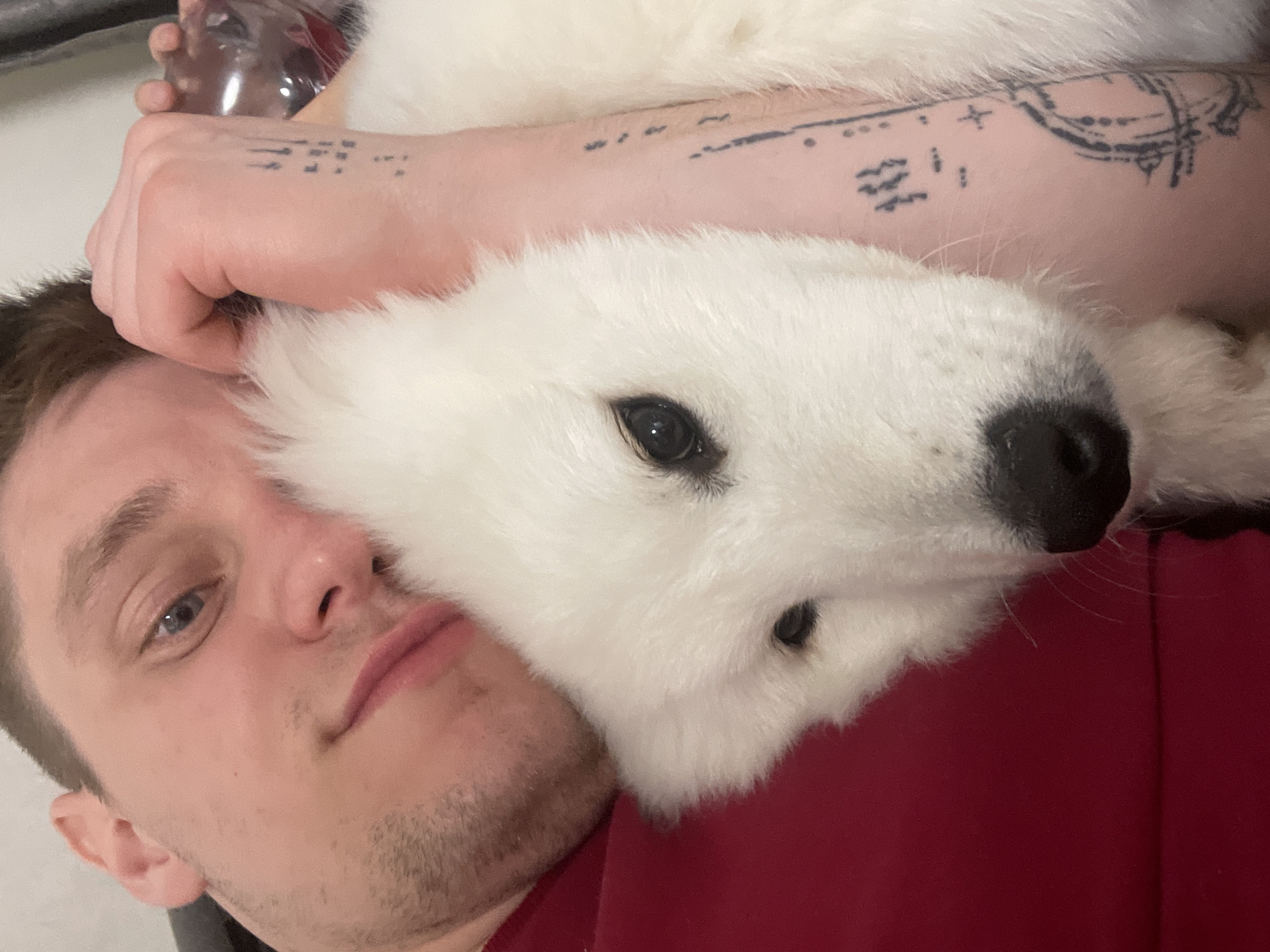 A close-up, eye-level shot shows a fair-skinned man lying down with a white dog resting its head on his chest. The man has short brown hair, blue eyes, and light stubble. His face is partially obscured by the dog. The dog has a black nose and dark eyes, with soft white fur. Above the dog’s head and the man’s face, an arm is visible, adorned with black tattoos. The man is wearing a red shirt. A clear plastic bottle is visible near the top of the frame. The location is indoors, likely a home.