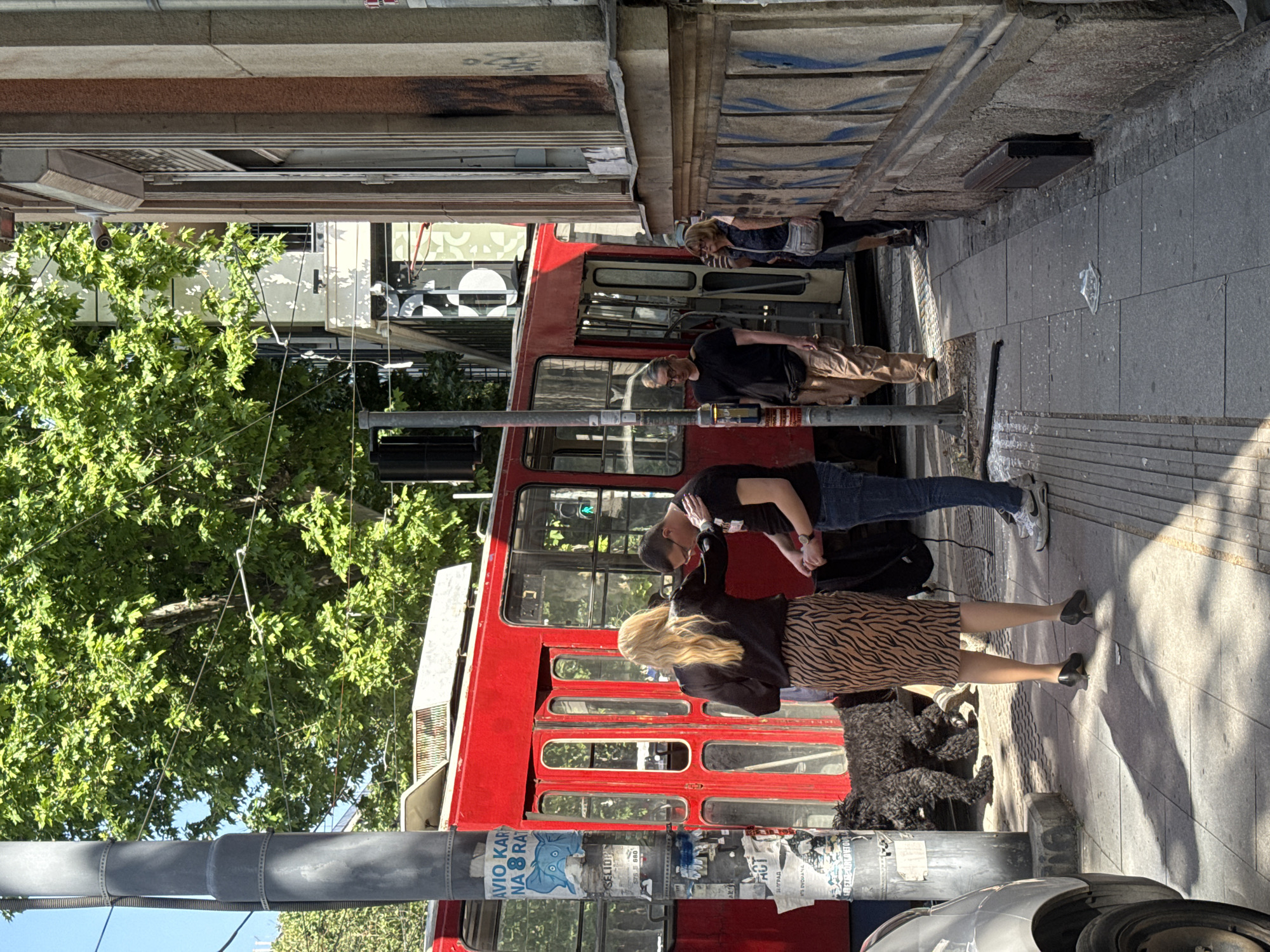 The image shows a street scene in Belgrade, Serbia. A red trolley bus is parked along the sidewalk. Four people are standing on the sidewalk. A couple is kissing near the bus door. A dog is lying near them. A light pole stands in the foreground covered in stickers. A gray car is partially visible at the bottom of the image. Green trees are growing nearby.