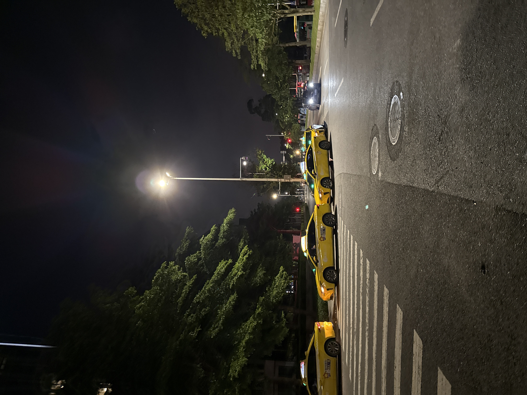 The image depicts a nighttime street scene in Haizhu District, China. The primary subjects are several yellow taxis lined up on the right side of a wet asphalt road, suggesting recent rain or a damp environment. The taxis are parked next to a pedestrian crosswalk, indicated by bright white stripes. The scene is illuminated by streetlights and the headlights of passing vehicles.
In the background, lush green trees line the left side of the road, creating a stark contrast with the dark night sky. Further in the distance, traffic lights are visible, with a red light illuminated. A few other vehicles, including a dark-colored car, can be seen on the road. The overall atmosphere is that of a typical urban environment at night, with a sense of quiet activity.
There are no people clearly visible in the image, and the focus is on the taxis and the urban landscape. The time of day is clearly night, as indicated by the darkness and artificial lighting. No specific weather conditions are explicitly stated, but the wetness of the road implies it might have rained recently.
Notable details include the distinct yellow color of the taxis, which are a common sight in many parts of China. The Chinese characters visible on the side of the taxis are not clearly legible in the provided image. The presence of streetlights, traffic signals, and the well-maintained road suggest an urban setting with developed infrastructure. The image conveys a sense of orderliness with the taxis lined up and the clear markings of the crosswalk.