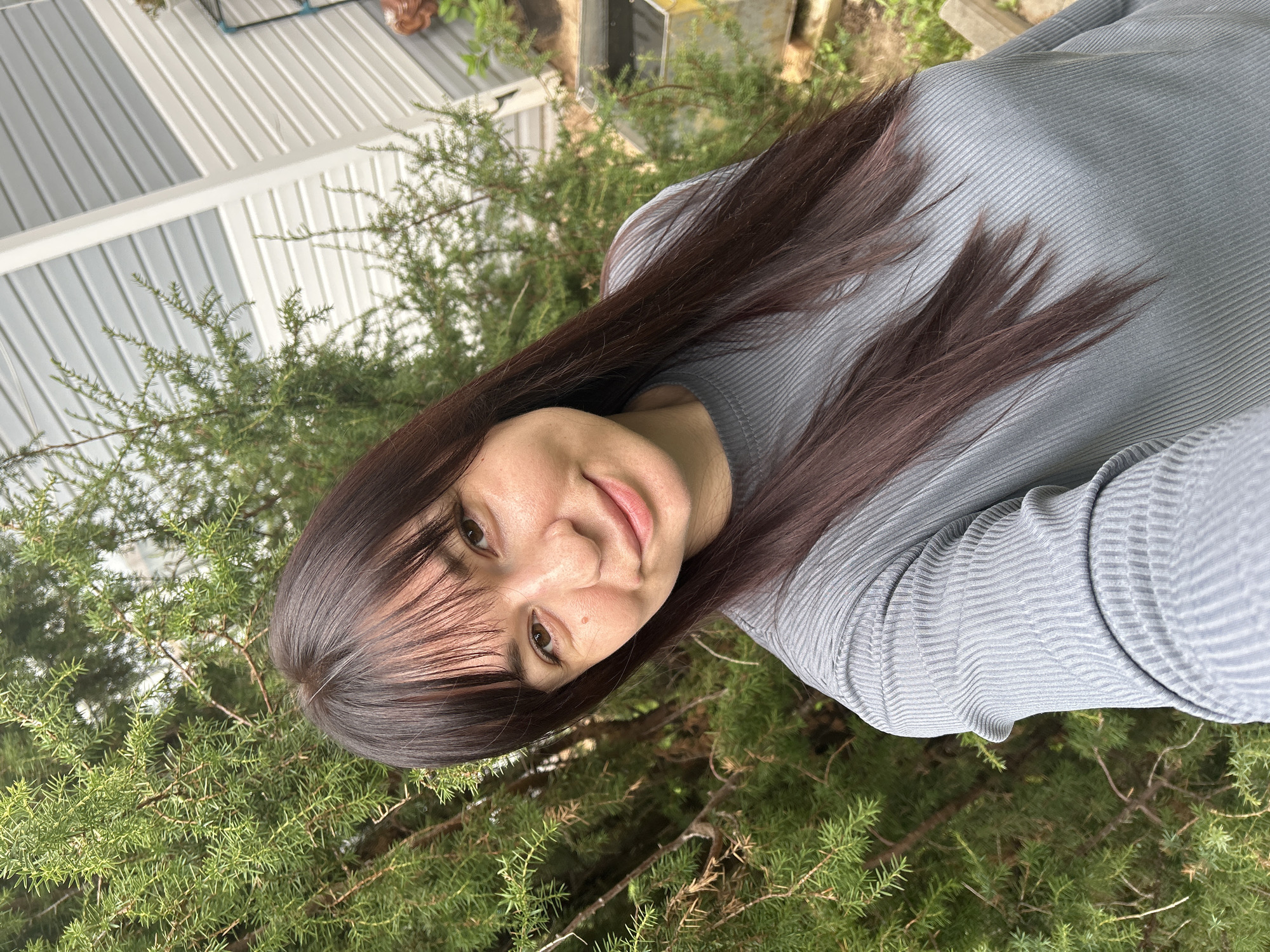 A young woman with long, dark brown hair and bangs takes a selfie outdoors in front of a green evergreen tree. She is wearing a grey, ribbed long-sleeved shirt. Behind her, a light-colored building with horizontal siding is visible. The ground is covered with dry leaves and some green grass. The overall scene suggests a casual, outdoor setting possibly in a residential area.