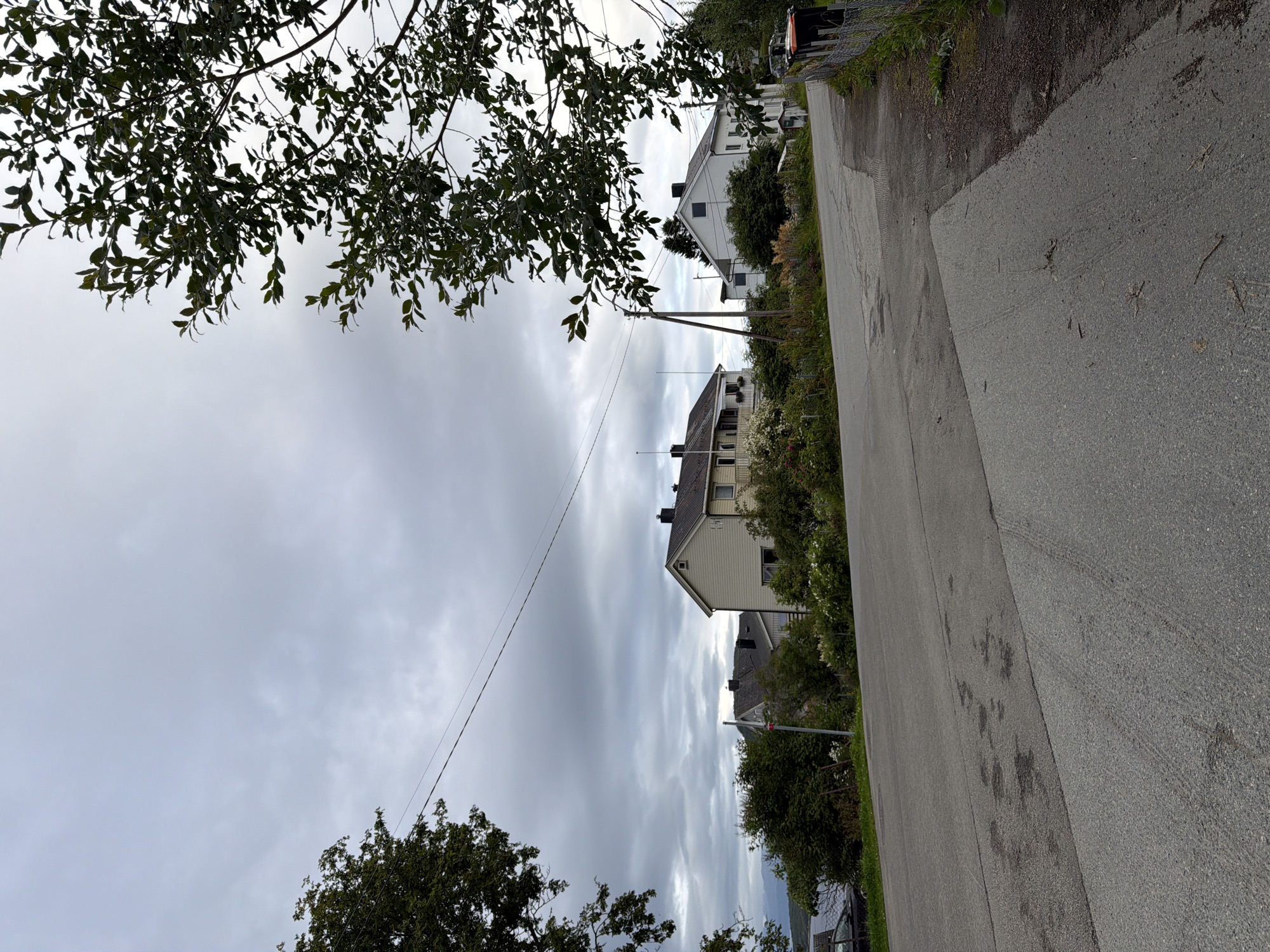 The image depicts a road leading through a residential area in Harstad, Norway. The sky is overcast with heavy, grey clouds. On the left side of the road, trees and lush green vegetation are visible, with a body of water and distant mountains in the background. Several houses, characterized by light-colored exteriors and dark roofs, are nestled among the greenery. One house, with a cream-colored facade, features a balcony and appears to have some flowering bushes in front. Further down the road, a white house with dark windows is prominent. Power lines stretch across the scene, supported by wooden poles. The road itself is asphalt, with some patches of discoloration or wear. A metal fence runs along the right side of the road, bordering a grassy area with some trash receptacles. The overall impression is of a quiet, somewhat somber, daytime scene in a northern climate.