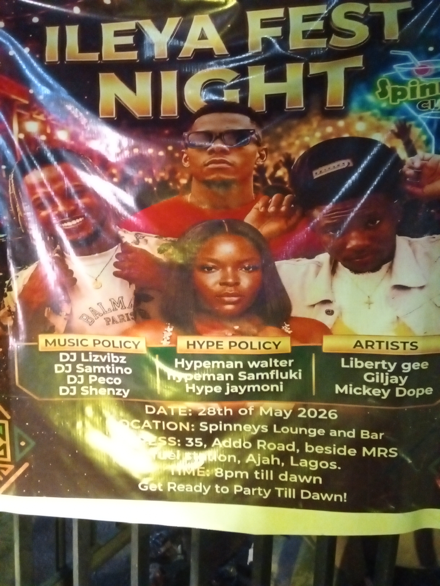 The image shows a promotional poster for an "Ileya Fest Night" event at Spinneys Lounge and Bar, located at 35, Addo Road, beside MRS fuel station in Ajah, Lagos, Nigeria. The event is scheduled for May 28th, 2026, from 8 PM until dawn. The poster features photographs of several performers including DJs (DJ Lizvibz, DJ Santino, DJ Peco, DJ Shenzy), hype men (Hypeman Walter, Hypeman Samfluki, Hype Jaymoni), and artists (Liberty Gee, Giljay, Mickey Dope).