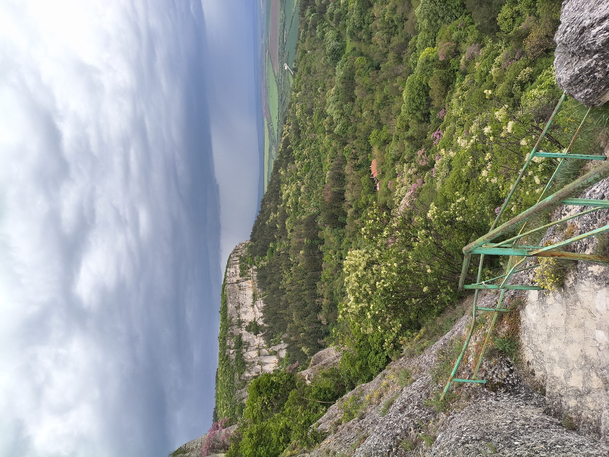 A landscape photograph, oriented vertically, depicts a verdant, hilly environment under a sky filled with striated, grey clouds that extend to the horizon. A cliff face is visible on the left side, densely covered with trees and flowering shrubs. In the foreground, a portion of a worn, green, metal railing is visible, situated on a rocky outcrop. The scene is in Madara, Bulgaria. The overall perspective is from a high vantage point, looking down on the landscape.