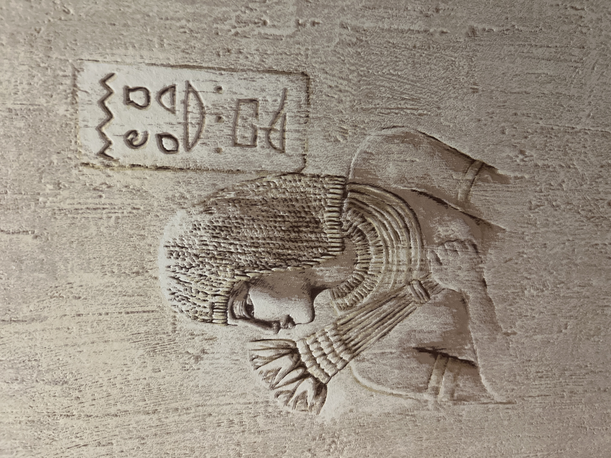 This media file shows a close-up of an ancient Egyptian-style relief carved into a rough, textured surface, possibly stone or plaster. The relief depicts a profile of a person, likely a woman, with distinct features. The figure wears an elaborate headdress or hairstyle with multiple layers and decorative elements. A necklace or collar, also layered, is prominent around the neck. The figure's hands are clasped at the chest, with finely detailed fingers. To the left of the figure, there is a rectangular cartouche containing hieroglyphic symbols. These symbols appear to be a zigzag line, two circular shapes, a spiral, and a shape resembling a half-circle or an oval with a line. The carving style is detailed, with a clear distinction between raised and recessed areas, suggesting age and possibly wear. The lighting highlights the texture of the material and the relief work. The overall impression is one of historical or artistic significance, likely a decorative element from a tomb or temple. There is no information about the time of day, weather, or emotions conveyed, as the focus is on the static carving. The context of "Ladozhskoe Ozero, Russia" does not appear to be directly related to the visual content of the image itself, which strongly suggests an ancient Egyptian setting.