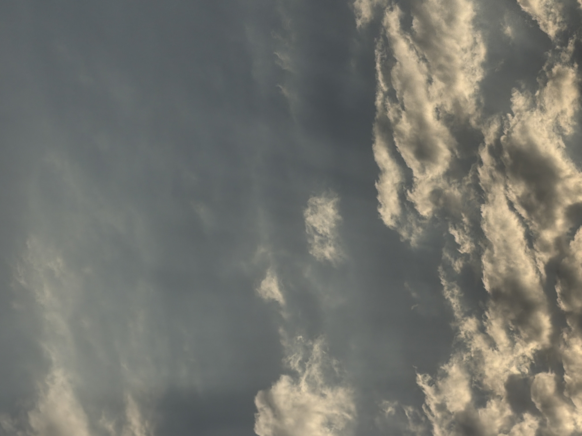 The image depicts a dense, overcast sky with varying shades of grey and illuminated clouds. The lower portion of the image shows a thick layer of cumulus clouds catching the light from below, creating a dramatic contrast with the darker, more diffuse clouds above. There are no people, structures, or specific landmarks visible that would indicate a location within Chirchik, Uzbekistan. The scene is solely focused on the atmospheric conditions of the sky.
