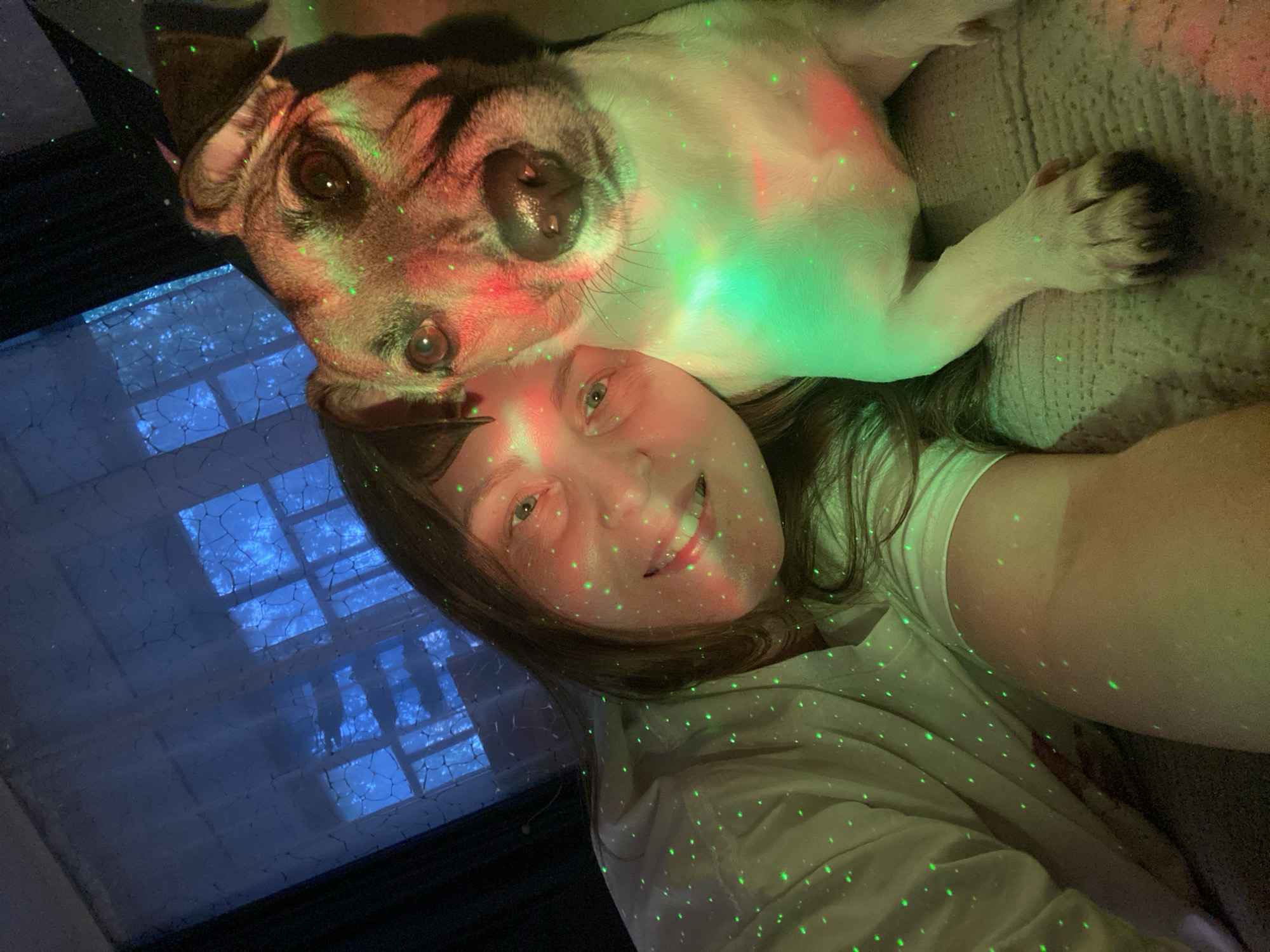 The image depicts a close-up selfie of a woman and a dog, bathed in colored lights that create a starry or confetti-like effect. The woman, with brown hair, is smiling and leaning her head towards the dog. She is wearing a light-colored shirt. The dog, a small terrier mix with brown and white markings, is positioned next to her, resting its head close to her face. The background shows a window with a blue hue, possibly at night. The scene appears to be indoors, likely in a home environment. No specific location in Noviy, Russia can be identified from the image.