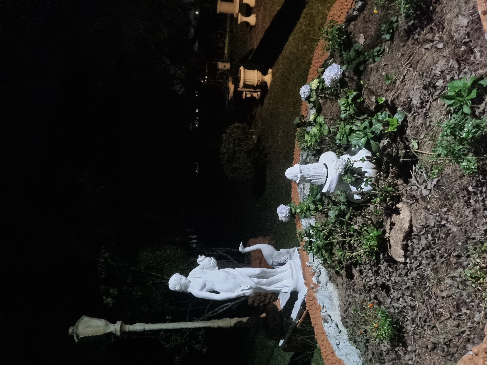 This image shows a garden at night in Laranjal Paulista, Brazil. A white statue of a woman holding a jug stands to the left of a white statue of a peacock. In front of the statues, a small circular garden bed contains plants and flowers, including some with light purple blooms. To the left of the statue of the woman, a vintage street lamp stands tall. In the background, the grounds are covered in grass, with some trees and bushes visible, along with other decorative urns and seating. The scene is illuminated by artificial lighting, creating shadows and highlighting the white statues.