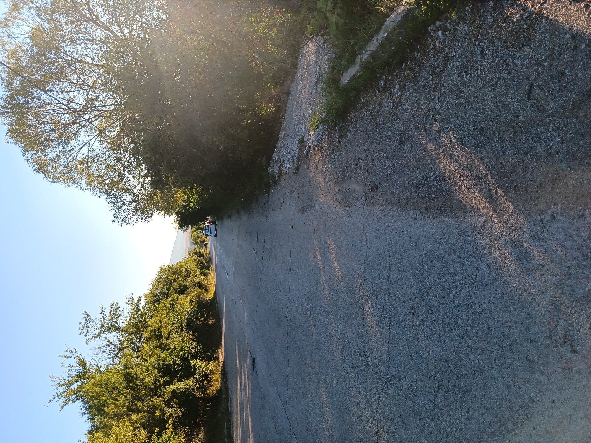 The image depicts a road in Kralev Dol, Bulgaria, with trees lining both sides. The road is paved and cracked, with a gentle curve to the right. Sunlight streams from the right side of the frame, casting long shadows across the road and illuminating the foliage. In the distance, a white car is parked on the side of the road. The sky is clear and blue. The environment appears to be rural or semi-rural, with natural vegetation dominating the scene.
