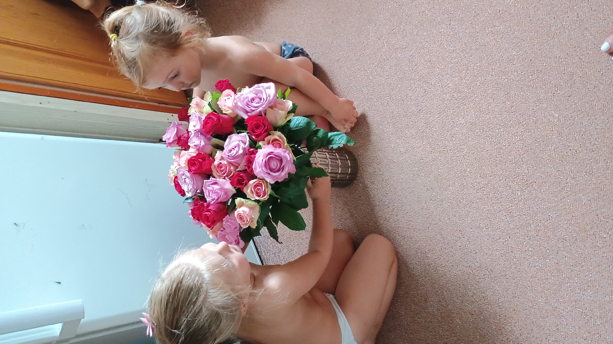 Two young blonde children are sitting on a carpeted floor in front of a large bouquet of pink and red roses in a silver vase. The child on the left, wearing white underwear, is reaching towards the vase. The child on the right, wearing patterned shorts, is looking at the bouquet. The background includes a light-colored appliance, a wooden door frame, and a wall. The scene appears to be indoors. The specific location in Sokolov, Czechia is not discernible from the image.