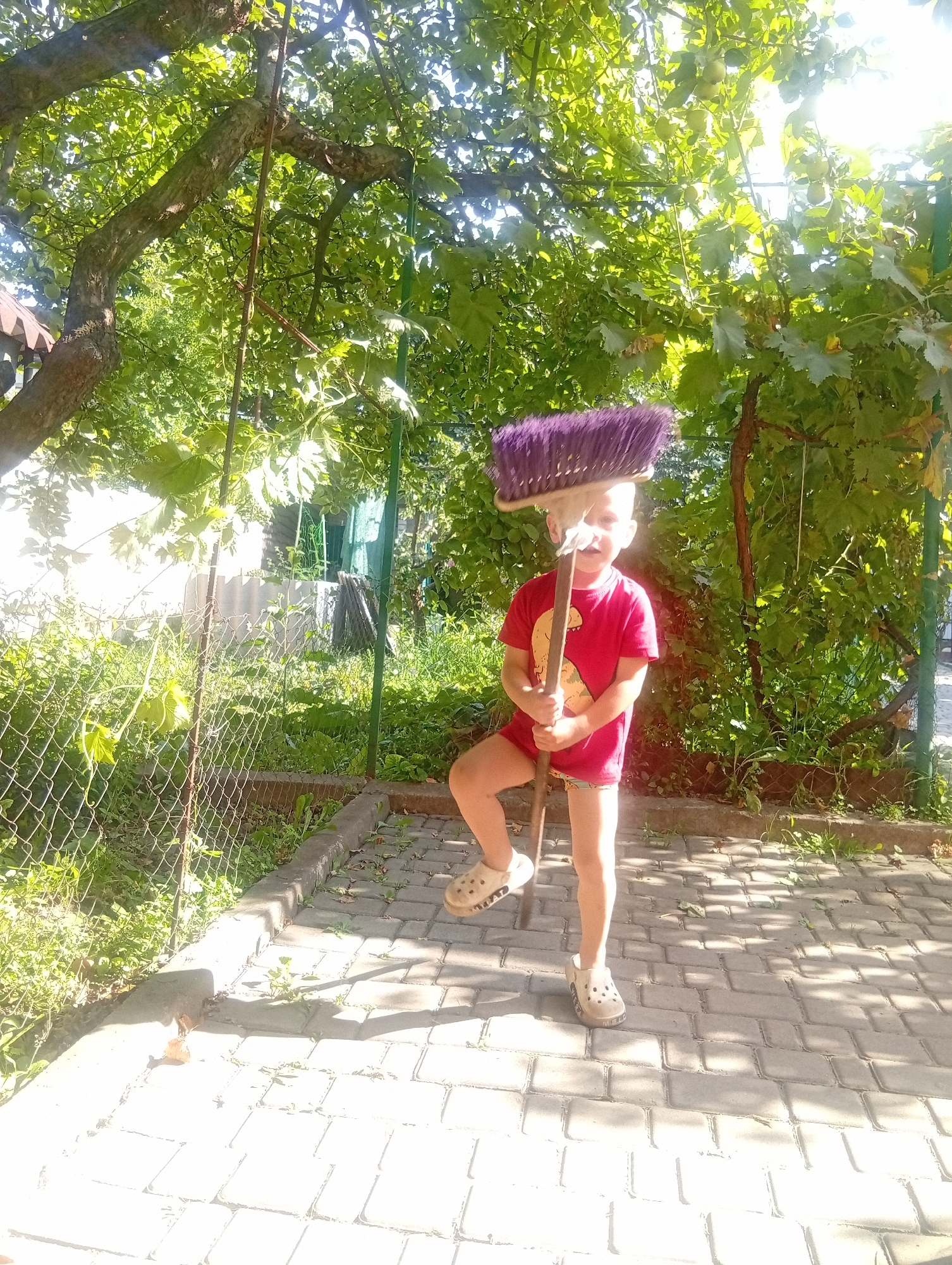 In an outdoor setting, a young child stands on a paved walkway, holding a broom over their head. The child, wearing a red t-shirt and shorts, is positioned in the center of the frame, with the broom's purple bristles extending upwards. The walkway is made of grey rectangular pavers, and sunlight casts distinct shadows across it. To the left of the child, a wire fence runs along the edge of the walkway, separating it from a grassy area with various plants and foliage. A weathered concrete border runs along the base of the fence. In the background, lush green trees and vines create a dense canopy, with sunlight filtering through the leaves. The overall environment suggests a residential backyard or a garden area.