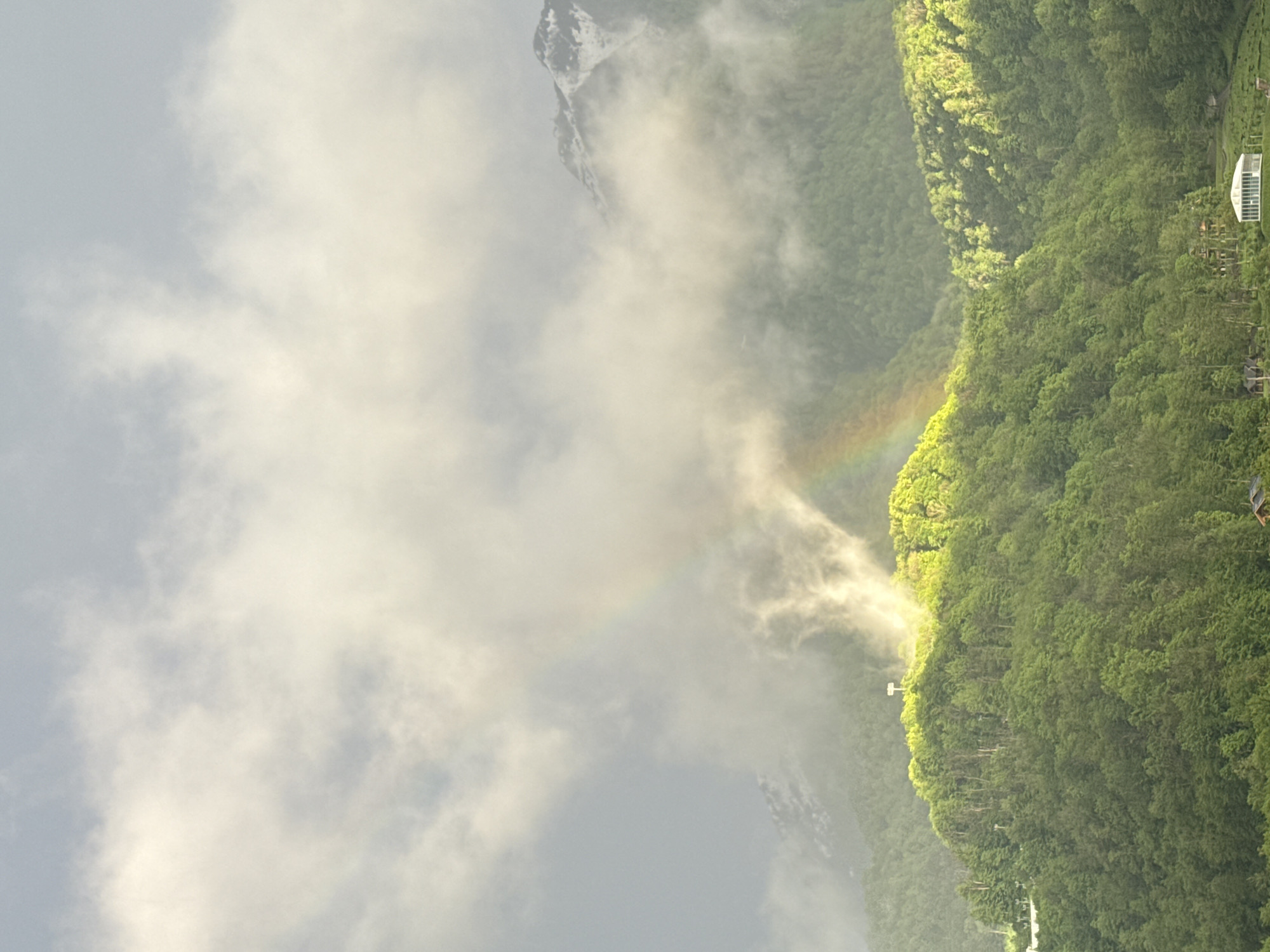 The image depicts a mountain landscape in Krasnaya Polyana, Russia, characterized by lush green forests and a prominent rainbow formed in the mist. To the left, there are misty clouds obscuring the mountain peaks, while the right side showcases the dense forest covering the mountain slopes. A small white building is visible among the trees near the forest's edge.