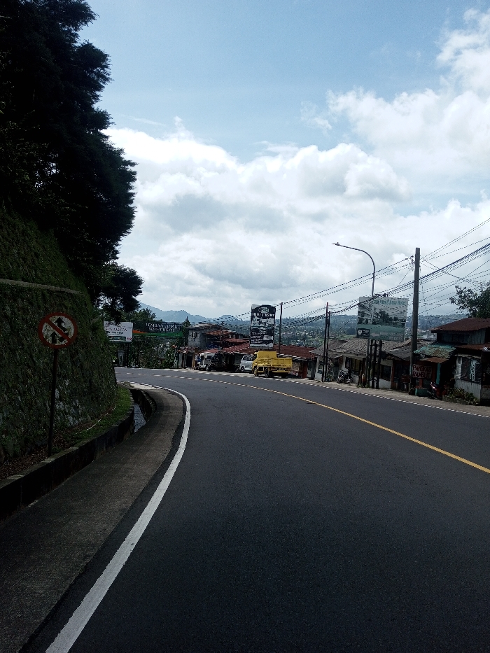 The image depicts a two-lane asphalt road curving right, situated in Gubbisamamidi, India. On the road's left, a solid white line marks the edge, while a continuous yellow line is present near the center. The right side features dashed white lines, indicating a possible turn or intersection. A steep, moss-covered embankment with dense trees and foliage borders the left side of the road, alongside a concrete drainage channel. A red and white circular "No Overtaking" sign is posted on this embankment. To the right of the road, a row of commercial or residential buildings, varying in height and construction, lines the street. Overhead utility poles carry a dense network of electrical and communication wires, and a street light is visible. Several large billboards display advertisements, one of which includes text such as "PANI RUMAH BAMBU." A yellow dump truck and other smaller vehicles are parked or positioned on the right shoulder. In the background, forested hills are visible beneath a partly cloudy sky with scattered white cumulus clouds. No individuals or specific interactions are discernible within the scene.
